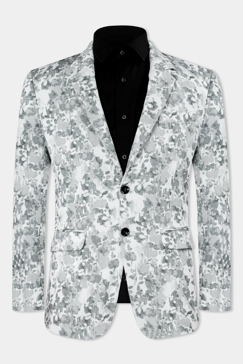 Bright White and Nobel Gray Printed Premium Cotton Single-breasted Suit