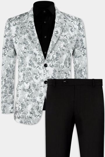 Bright White and Nobel Gray Printed Premium Cotton Single-breasted Suit