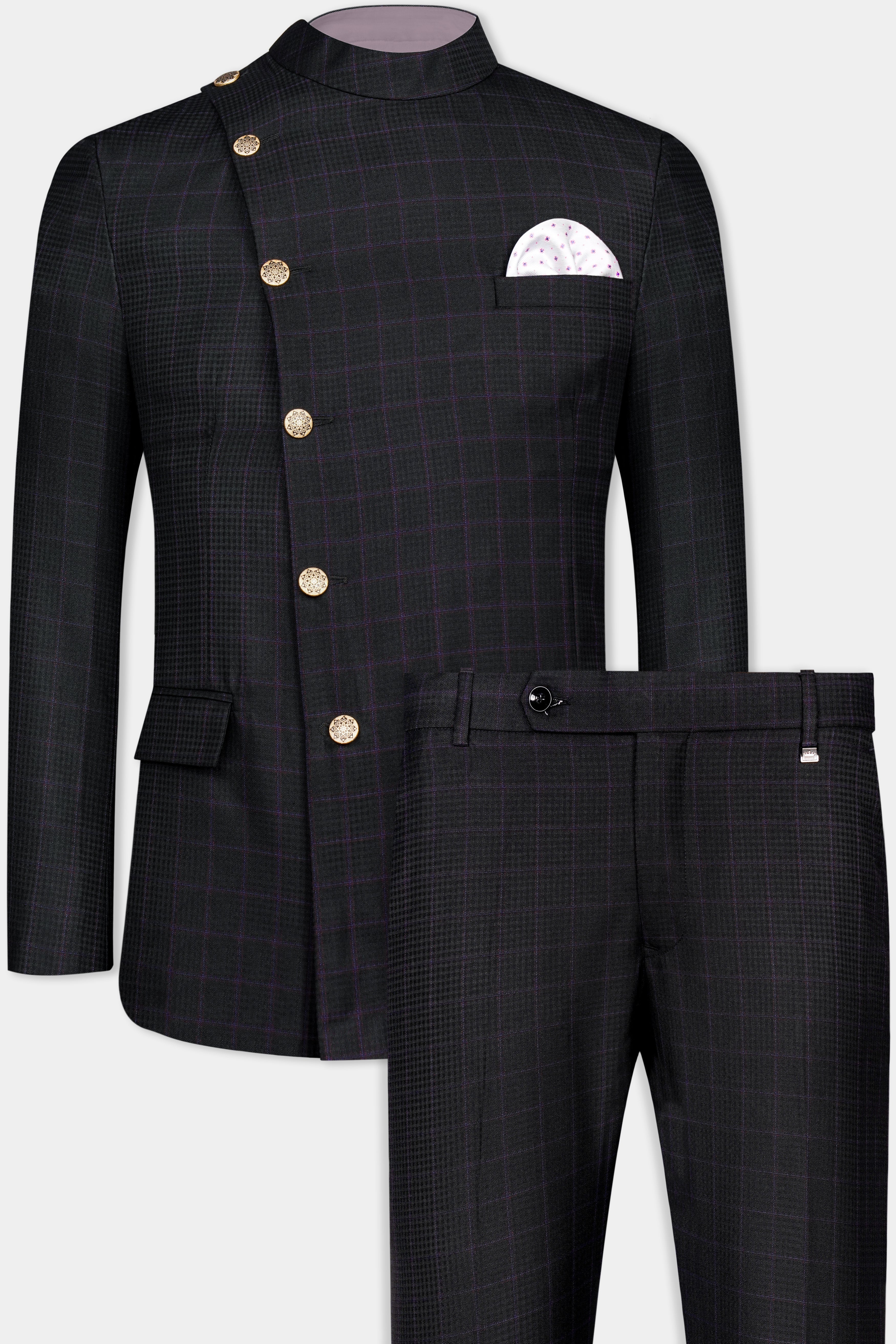 BASTILLE BLACK AND MURASAKI PURPLE WINDOWPANE CROSS PLACKET WOOL RICH BANDHGALA SUIT