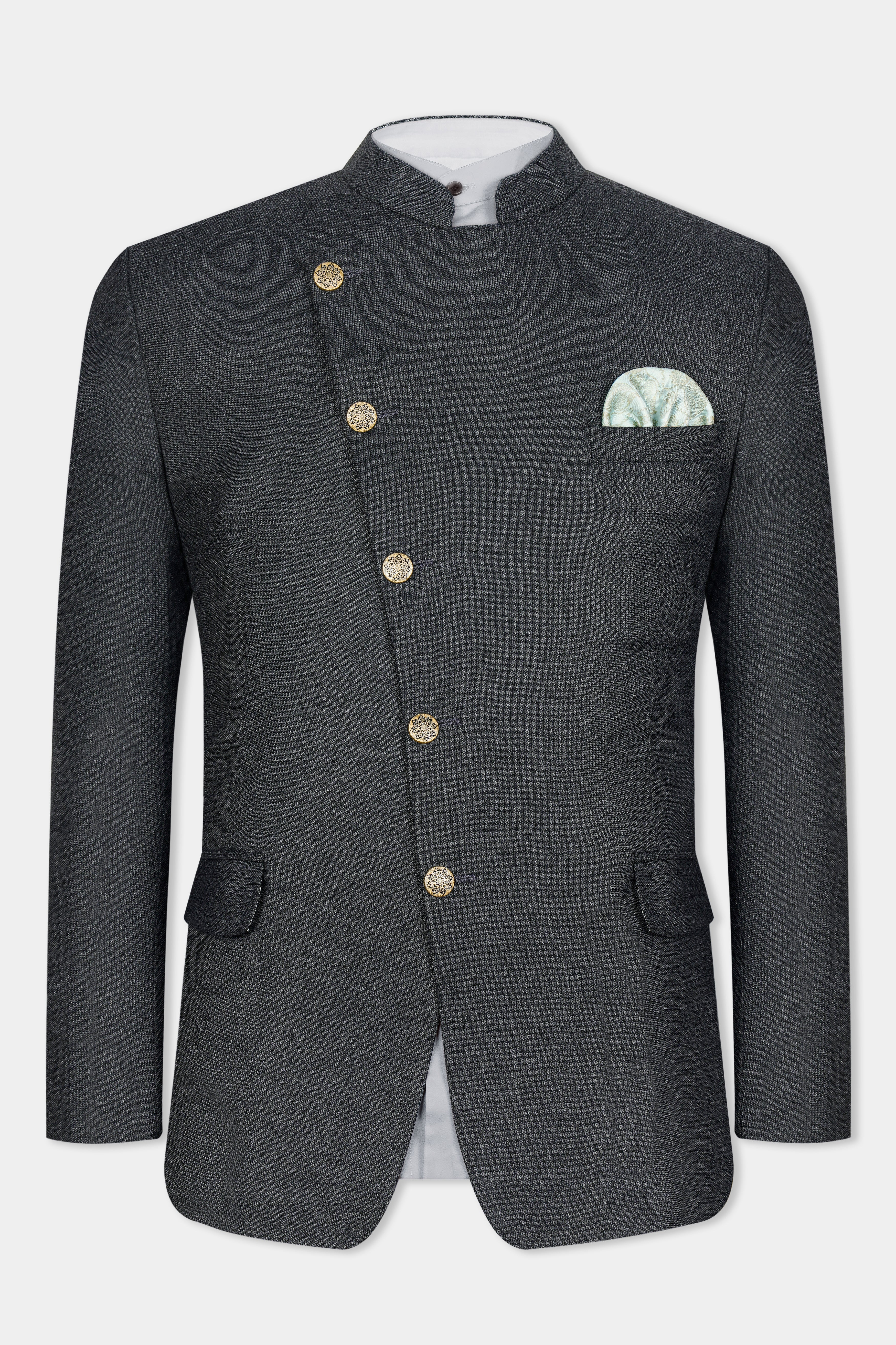 Gunmetal Grey Cross Buttoned Wool Rich Bandhgala Suit ST3069-CBG-36, ST3069-CBG-38, ST3069-CBG-40, ST3069-CBG-42, ST3069-CBG-44, ST3069-CBG-46, ST3069-CBG-48, ST3069-CBG-50, ST3069-CBG-52, ST3069-CBG-54, ST3069-CBG-56, ST3069-CBG-58, ST3069-CBG-60