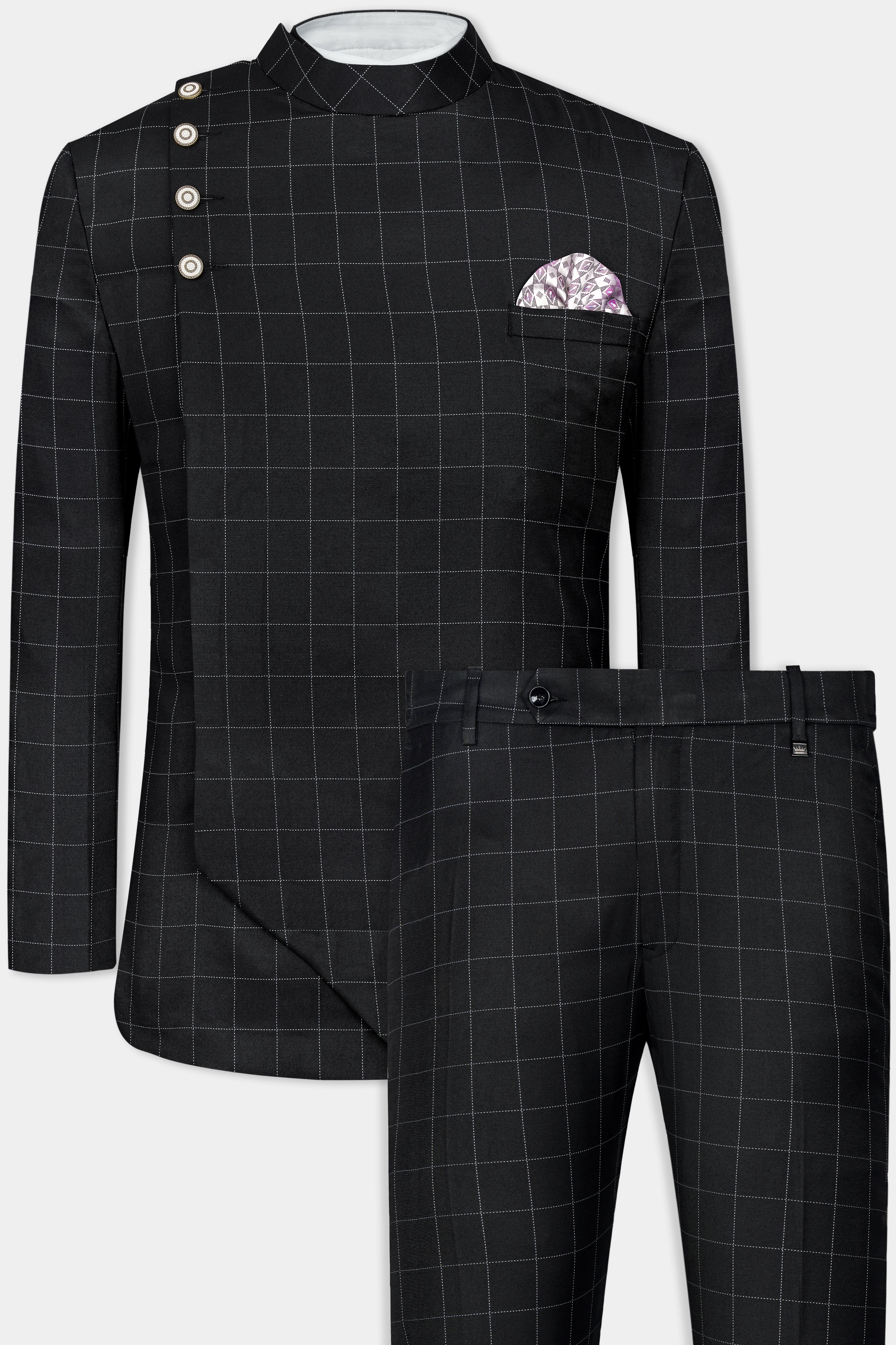 Jade Black Windowpane Wool Rich Bandhgala Designer Suit ST3070-CBG-D397-36, ST3070-CBG-D397-38, ST3070-CBG-D397-40, ST3070-CBG-D397-42, ST3070-CBG-D397-44, ST3070-CBG-D397-46, ST3070-CBG-D397-48, ST3070-CBG-D397-50, ST3070-CBG-D397-52, ST3070-CBG-D397-54, ST3070-CBG-D397-56, ST3070-CBG-D397-58, ST3070-CBG-D397-60