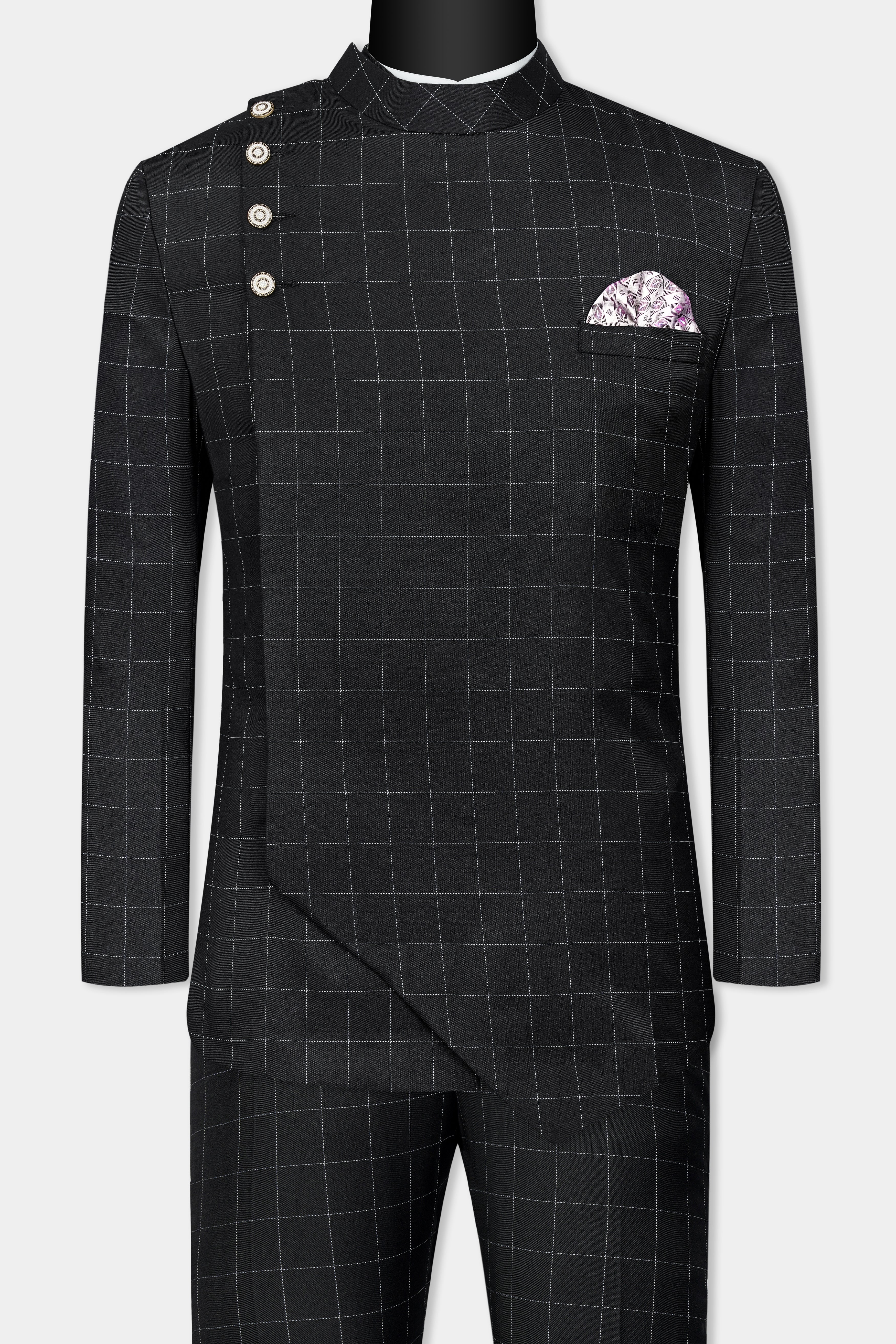 Jade Black Windowpane Wool Rich Bandhgala Designer Suit ST3070-CBG-D397-36, ST3070-CBG-D397-38, ST3070-CBG-D397-40, ST3070-CBG-D397-42, ST3070-CBG-D397-44, ST3070-CBG-D397-46, ST3070-CBG-D397-48, ST3070-CBG-D397-50, ST3070-CBG-D397-52, ST3070-CBG-D397-54, ST3070-CBG-D397-56, ST3070-CBG-D397-58, ST3070-CBG-D397-60