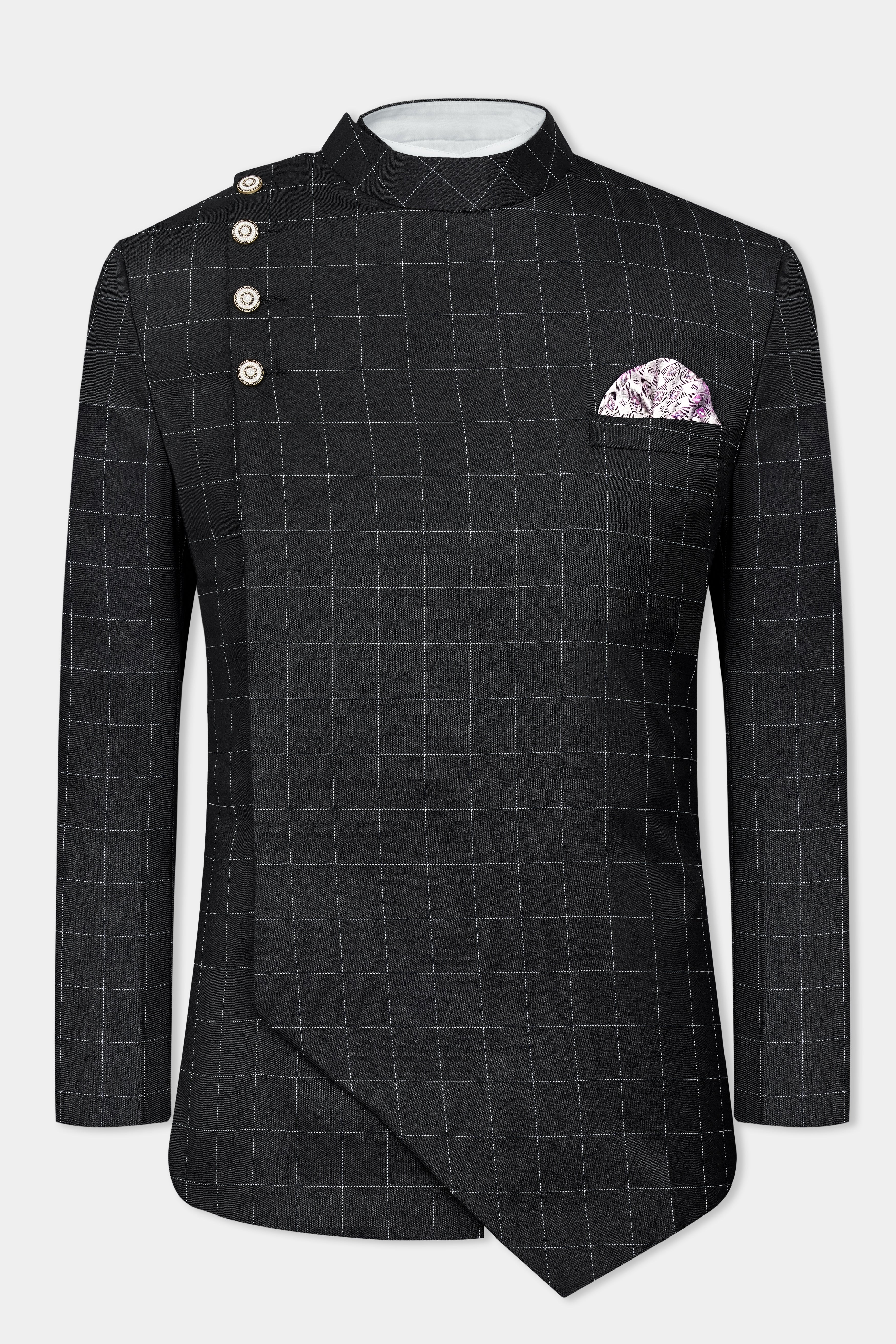 Jade Black Windowpane Wool Rich Bandhgala Designer Suit ST3070-CBG-D397-36, ST3070-CBG-D397-38, ST3070-CBG-D397-40, ST3070-CBG-D397-42, ST3070-CBG-D397-44, ST3070-CBG-D397-46, ST3070-CBG-D397-48, ST3070-CBG-D397-50, ST3070-CBG-D397-52, ST3070-CBG-D397-54, ST3070-CBG-D397-56, ST3070-CBG-D397-58, ST3070-CBG-D397-60