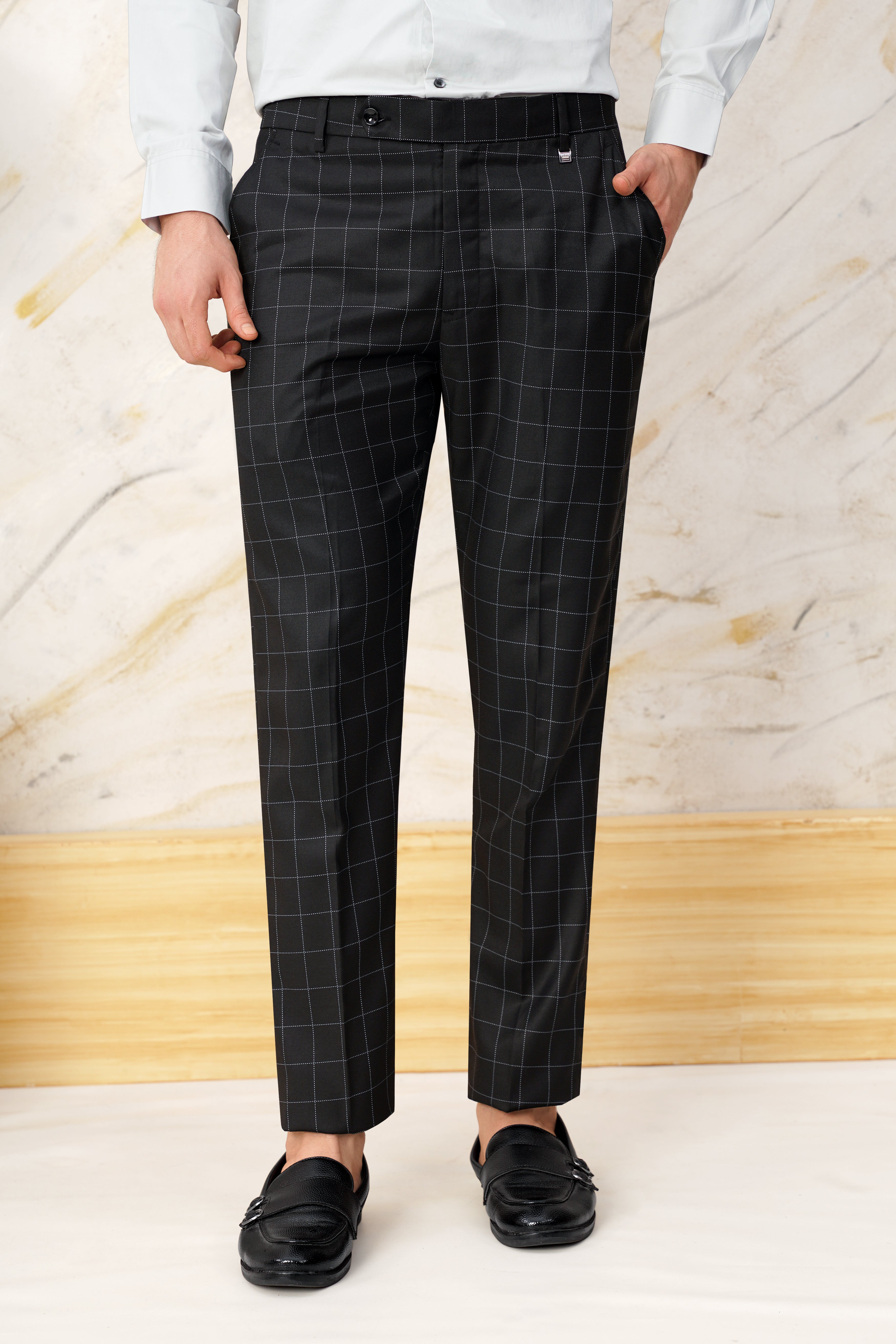 Jade Black Windowpane Wool Rich Bandhgala Designer Suit ST3070-CBG-D397-36, ST3070-CBG-D397-38, ST3070-CBG-D397-40, ST3070-CBG-D397-42, ST3070-CBG-D397-44, ST3070-CBG-D397-46, ST3070-CBG-D397-48, ST3070-CBG-D397-50, ST3070-CBG-D397-52, ST3070-CBG-D397-54, ST3070-CBG-D397-56, ST3070-CBG-D397-58, ST3070-CBG-D397-60