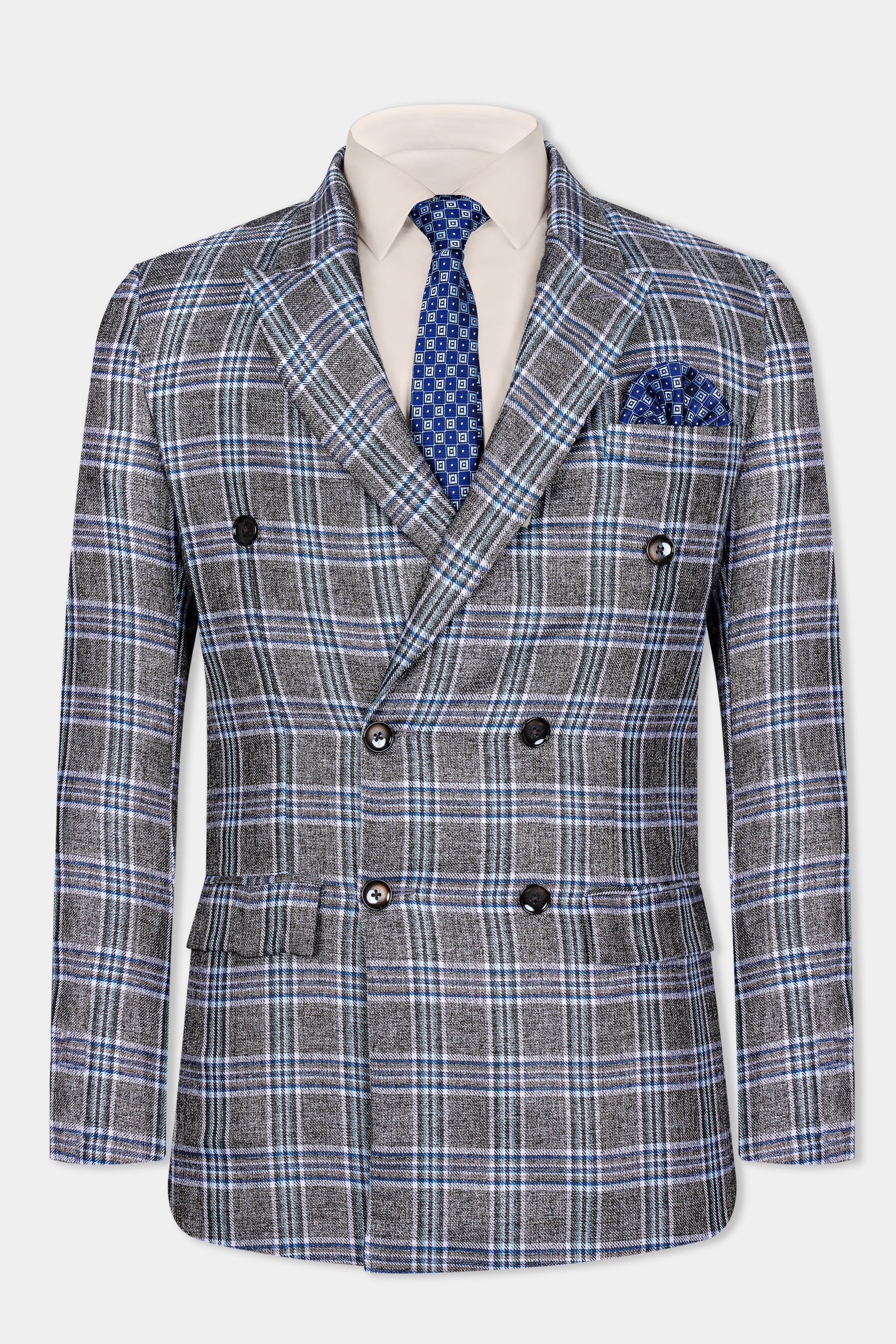 Ironside Gray and Cloud Burst Blue Plaid Wool Rich Double Breasted Suit ST3073-DB-36, ST3073-DB-38, ST3073-DB-40, ST3073-DB-42, ST3073-DB-44, ST3073-DB-46, ST3073-DB-48, ST3073-DB-50, ST3073-DB-52, ST3073-DB-54, ST3073-DB-56, ST3073-DB-58, ST3073-DB-60