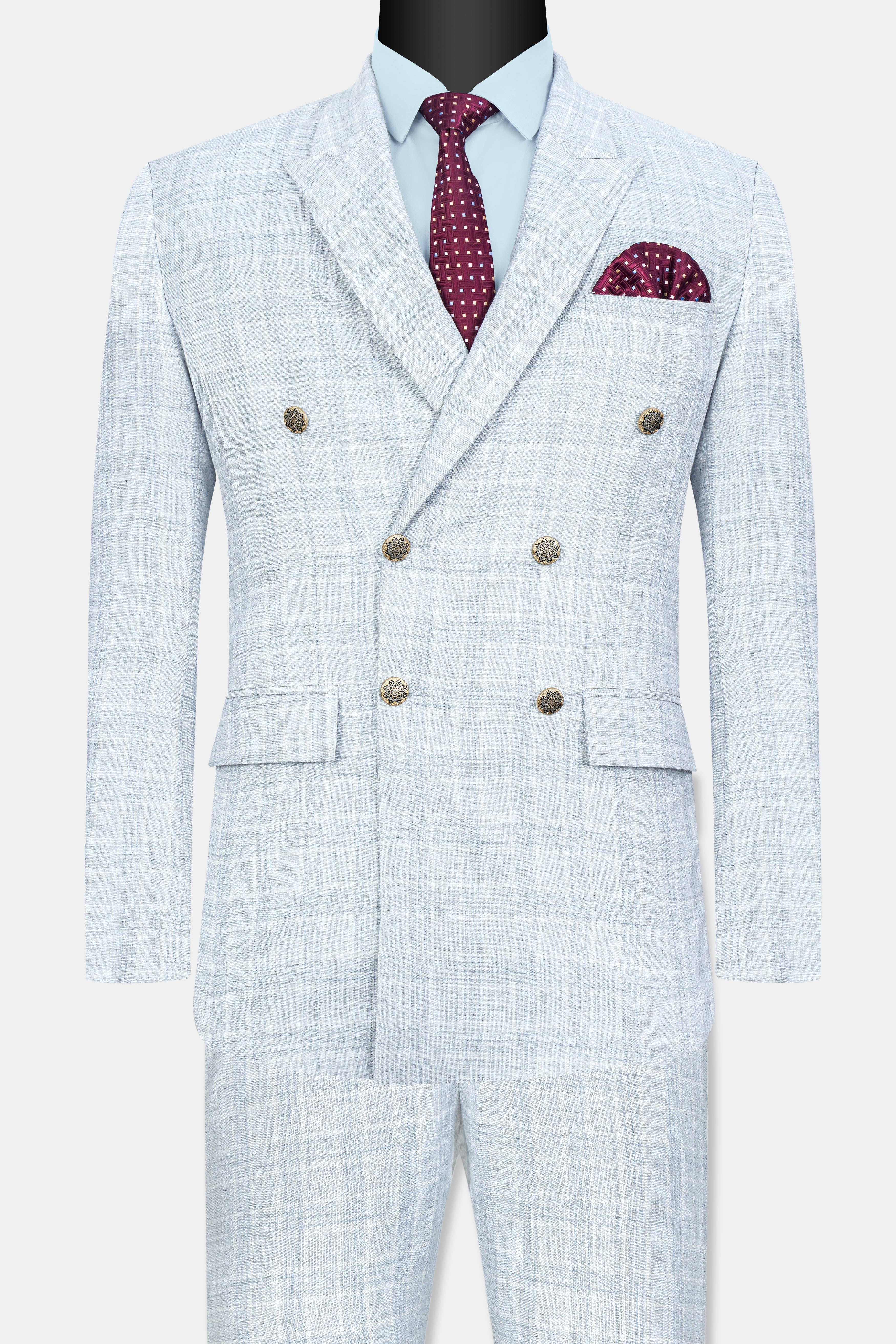 Gainsboro Blue Plaid Wool Rich Double Breasted Suit ST3076-DB-GB-36, ST3076-DB-GB-38, ST3076-DB-GB-40, ST3076-DB-GB-42, ST3076-DB-GB-44, ST3076-DB-GB-46, ST3076-DB-GB-48, ST3076-DB-GB-50, ST3076-DB-GB-52, ST3076-DB-GB-54, ST3076-DB-GB-56, ST3076-DB-GB-58, ST3076-DB-GB-60