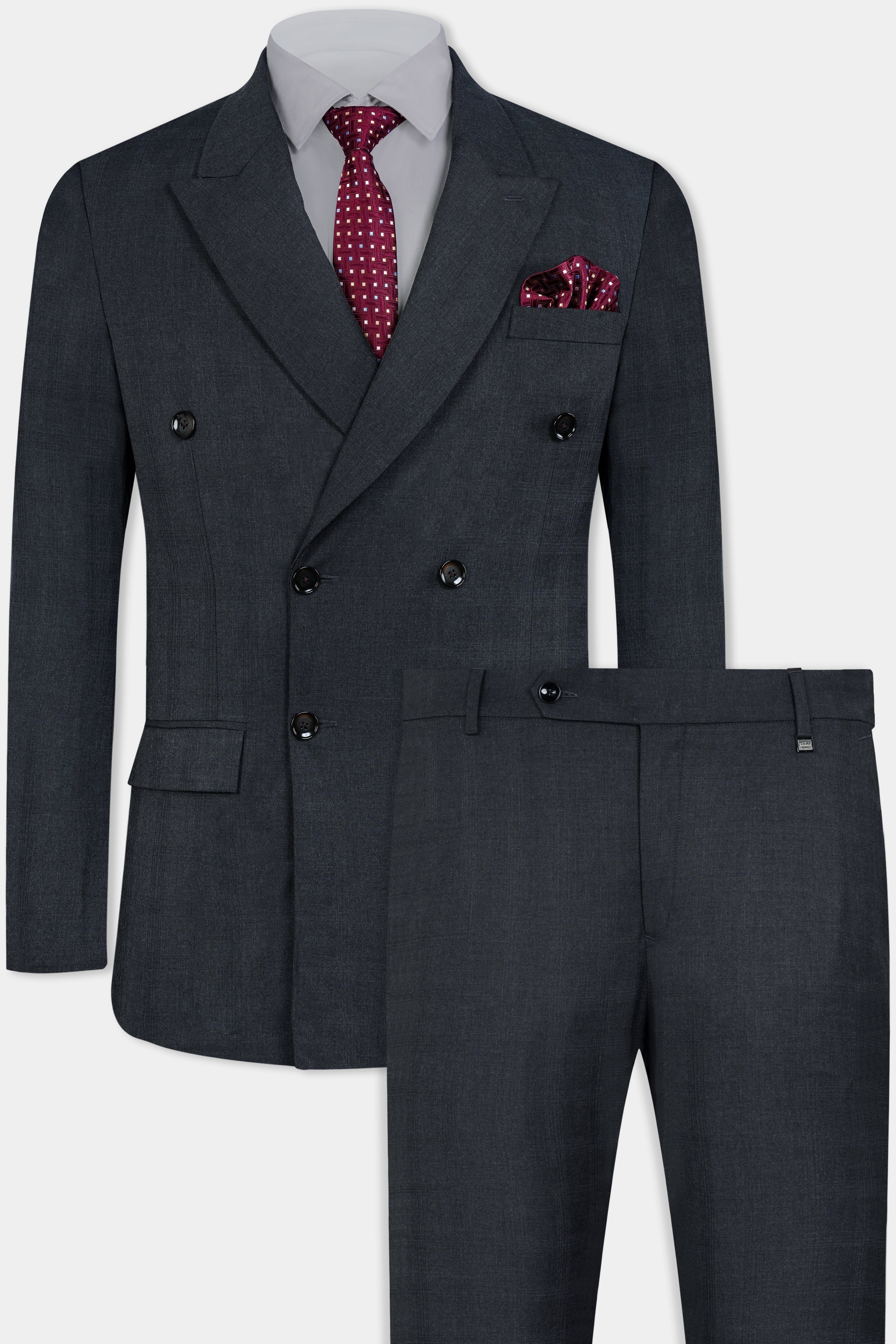 Thunder Gray Checkered Wool Rich Double Breasted Suit