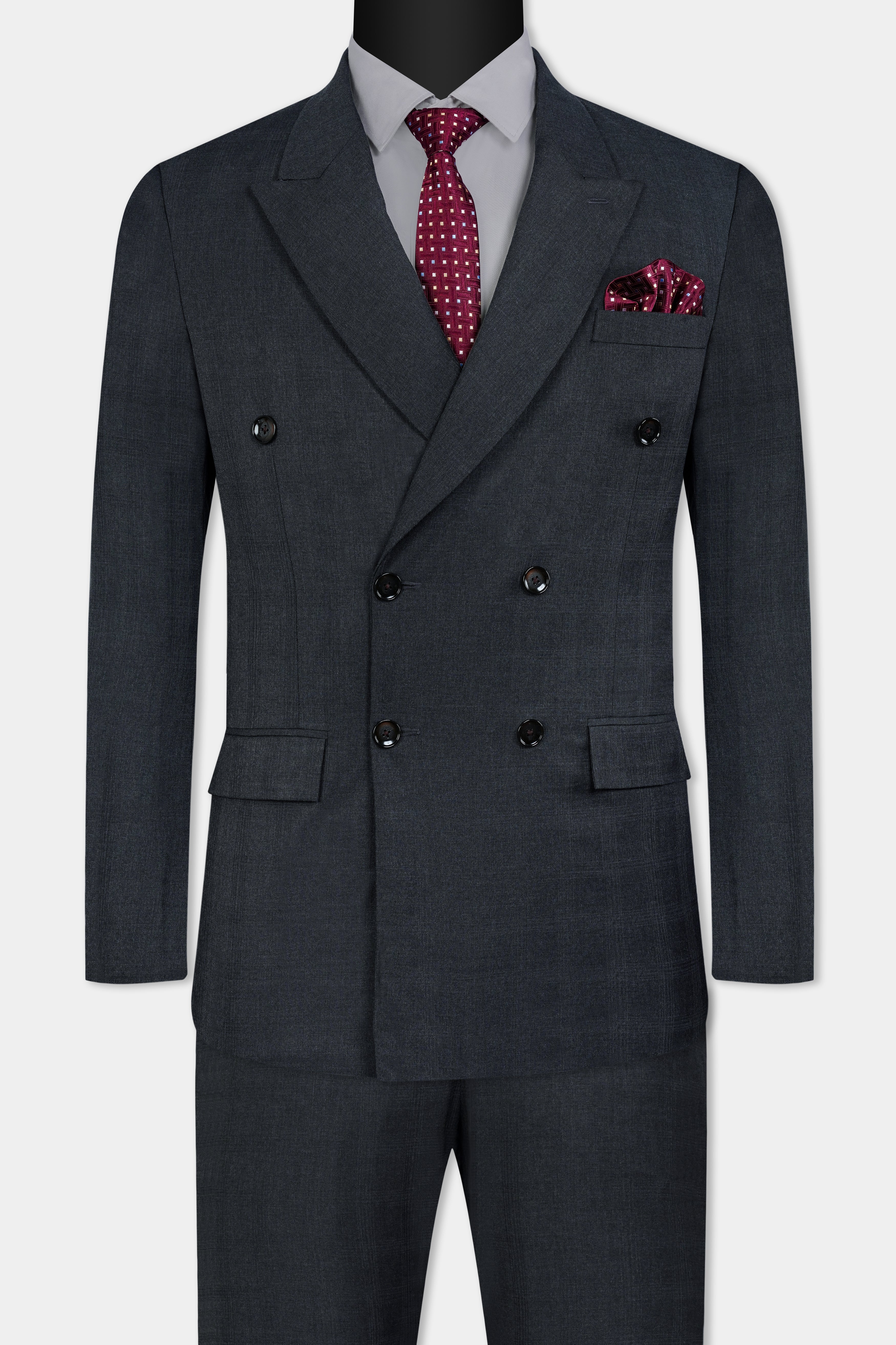 Thunder Gray Checkered Wool Rich Double Breasted Suit ST3093-DB-36, ST3093-DB-38, ST3093-DB-40, ST3093-DB-42, ST3093-DB-44, ST3093-DB-46, ST3093-DB-48, ST3093-DB-50, ST3093-DB-52, ST3093-DB-54, ST3093-DB-56, ST3093-DB-58, ST3093-DB-60
