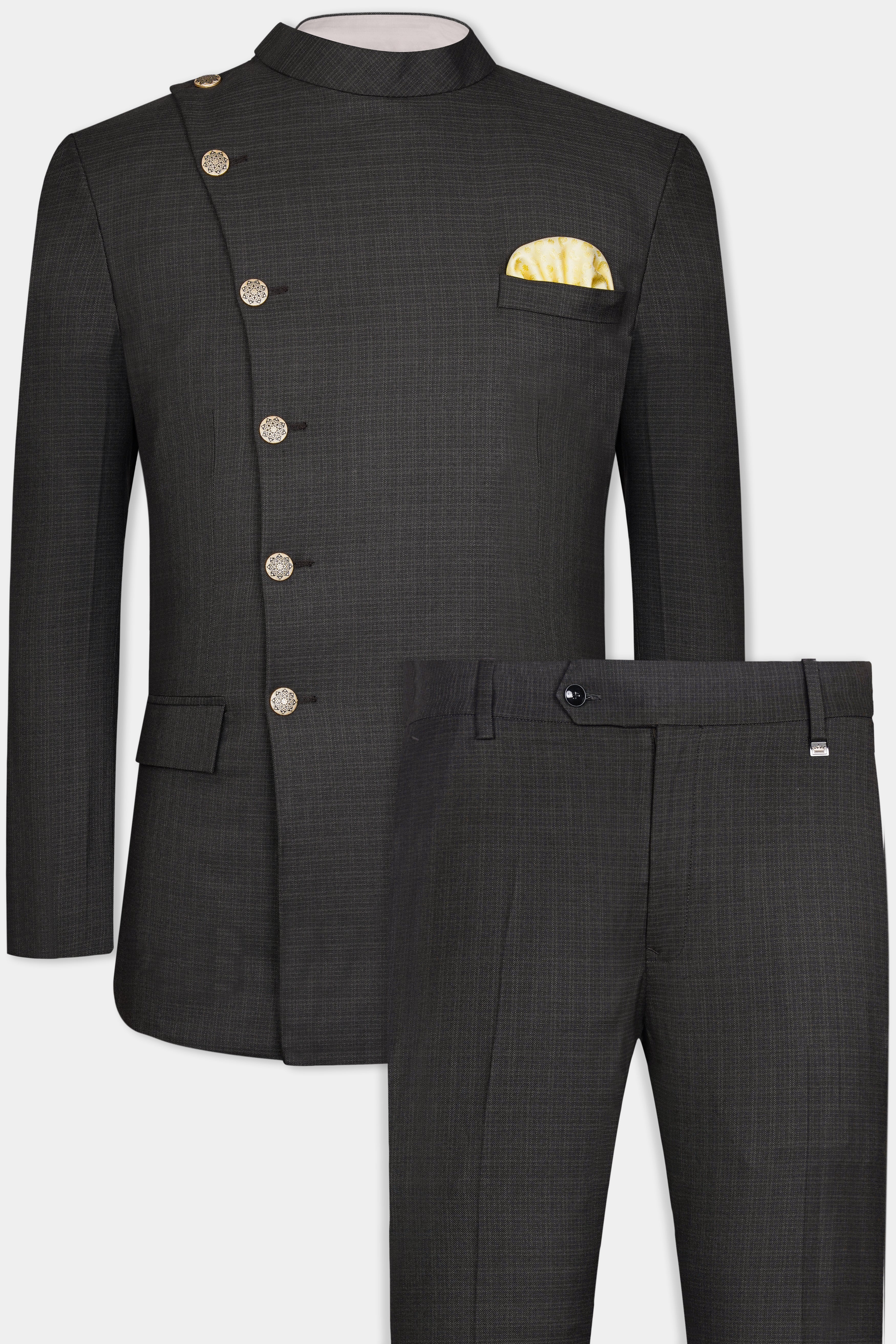 Zeus Black Subtle Checkered Wool Rich Cross Buttoned Bandhgala Suit