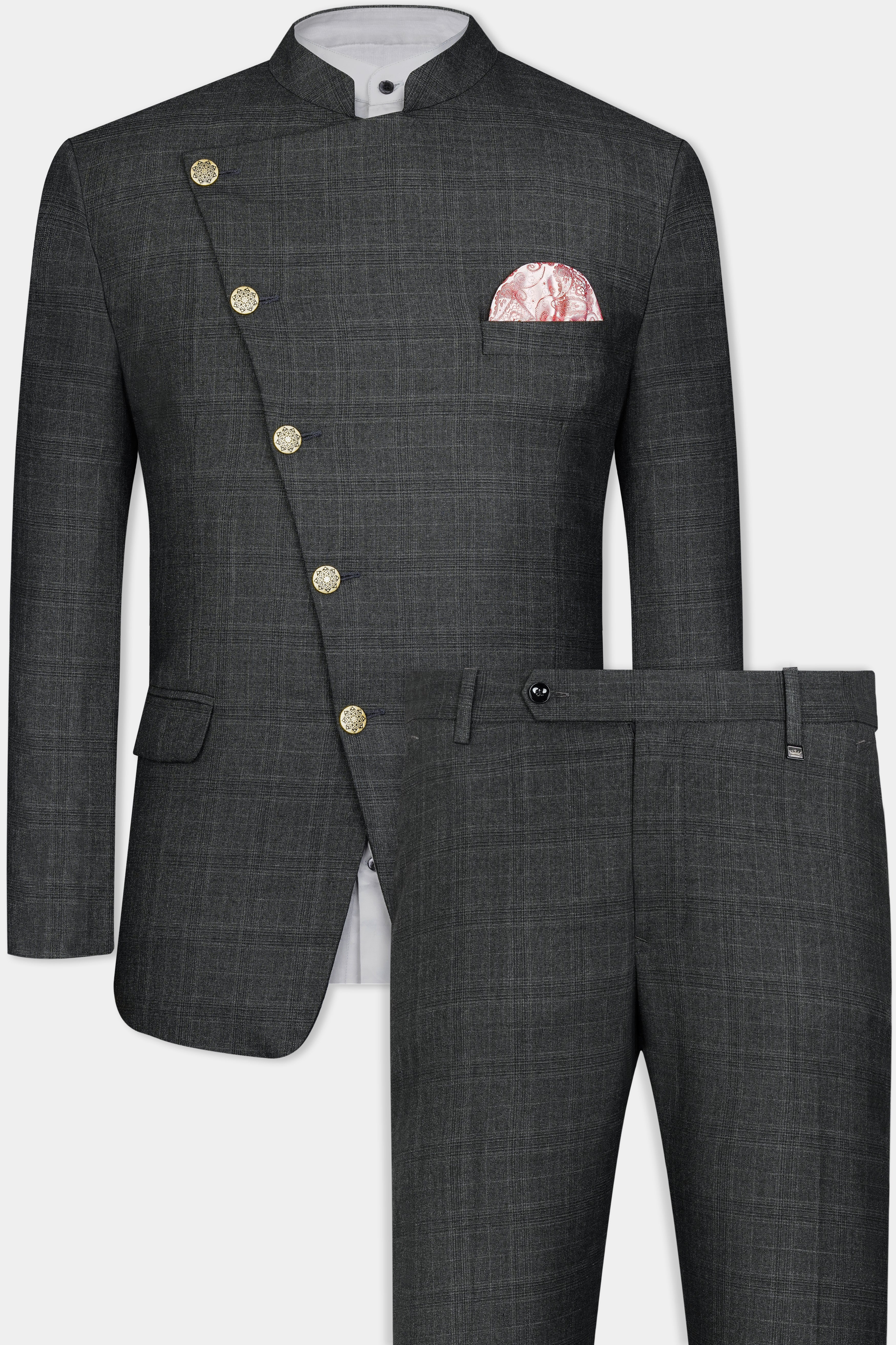 Iridium Gray Subtle Checkered Wool Rich Cross Buttoned Bandhgala Suit