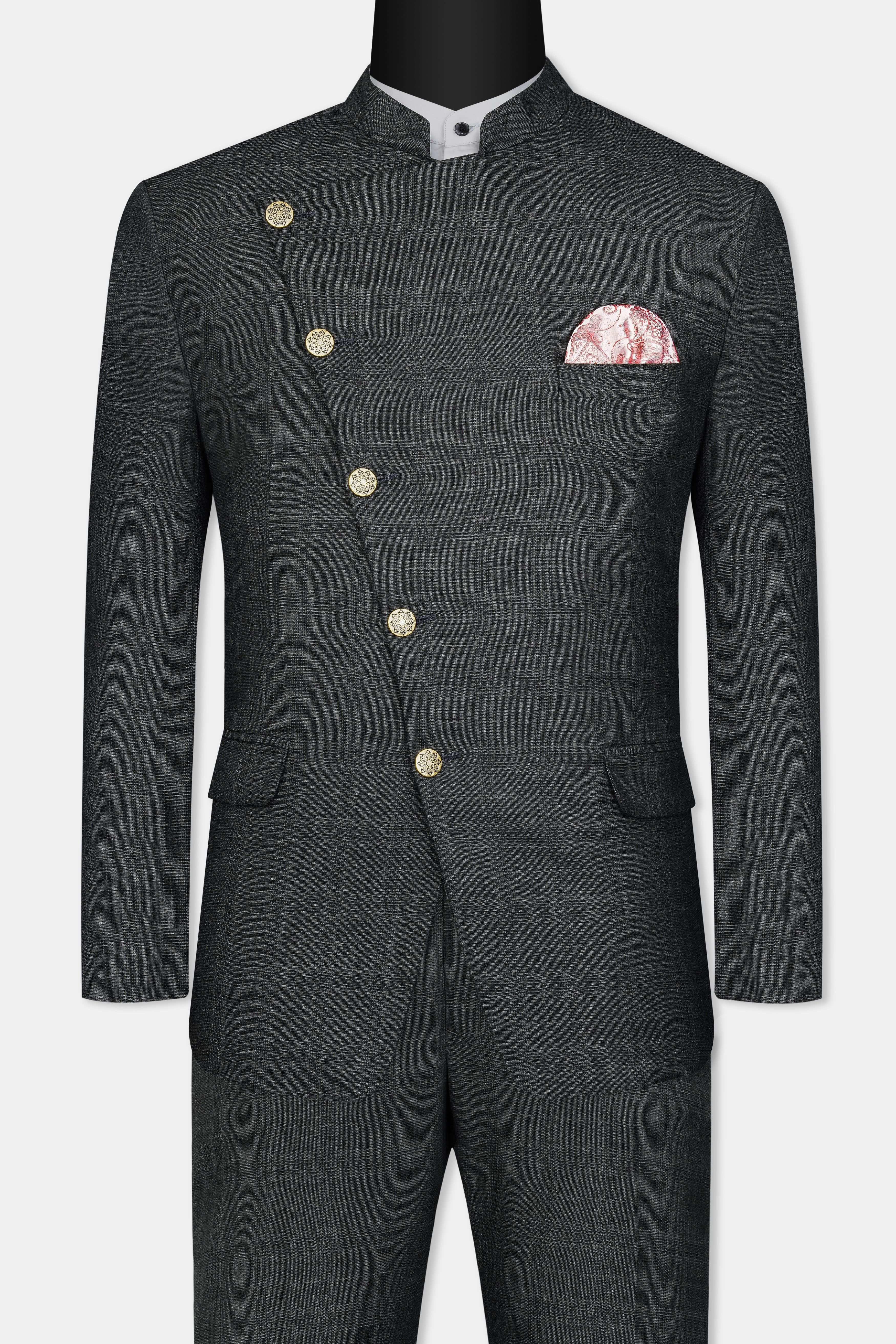 Iridium Gray Subtle Checkered Wool Rich Cross Buttoned Bandhgala Suit ST3101-CBG-36, ST3101-CBG-38, ST3101-CBG-40, ST3101-CBG-42, ST3101-CBG-44, ST3101-CBG-46, ST3101-CBG-48, ST3101-CBG-50, ST3101-CBG-52, ST3101-CBG-54, ST3101-CBG-56, ST3101-CBG-58, ST3101-CBG-60