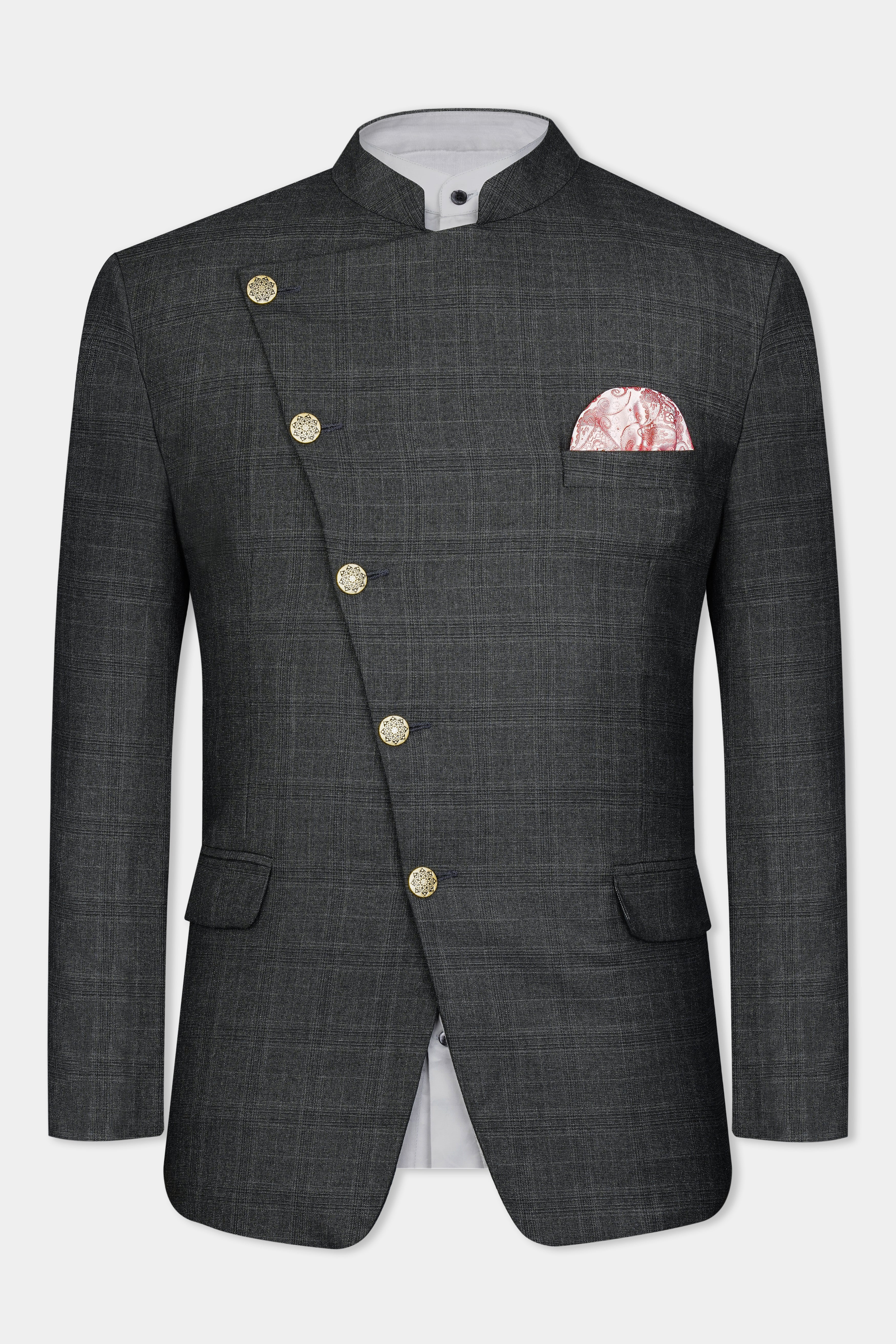 Iridium Gray Subtle Checkered Wool Rich Cross Buttoned Bandhgala Suit ST3101-CBG-36, ST3101-CBG-38, ST3101-CBG-40, ST3101-CBG-42, ST3101-CBG-44, ST3101-CBG-46, ST3101-CBG-48, ST3101-CBG-50, ST3101-CBG-52, ST3101-CBG-54, ST3101-CBG-56, ST3101-CBG-58, ST3101-CBG-60