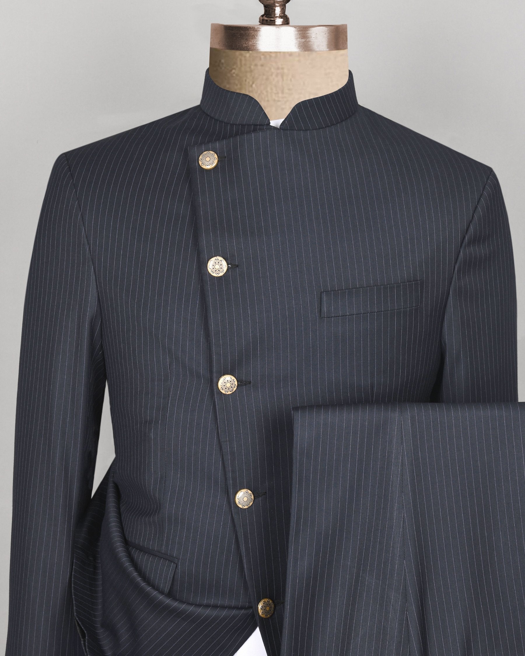 Jade Black Pinstriped Cross Placket Bandhgala/Mandarin wool blend Suit