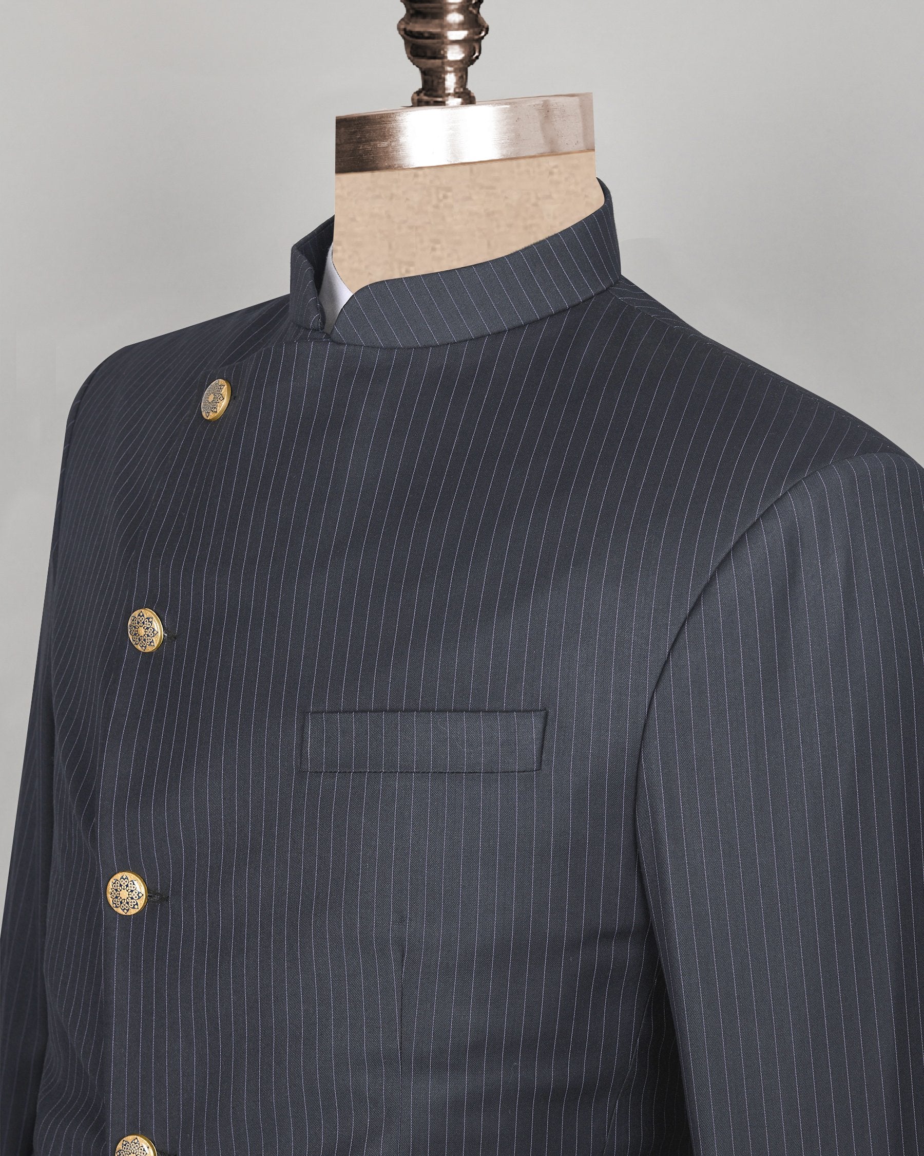 Jade Black Pinstriped Cross Placket Bandhgala/Mandarin wool blend Suit