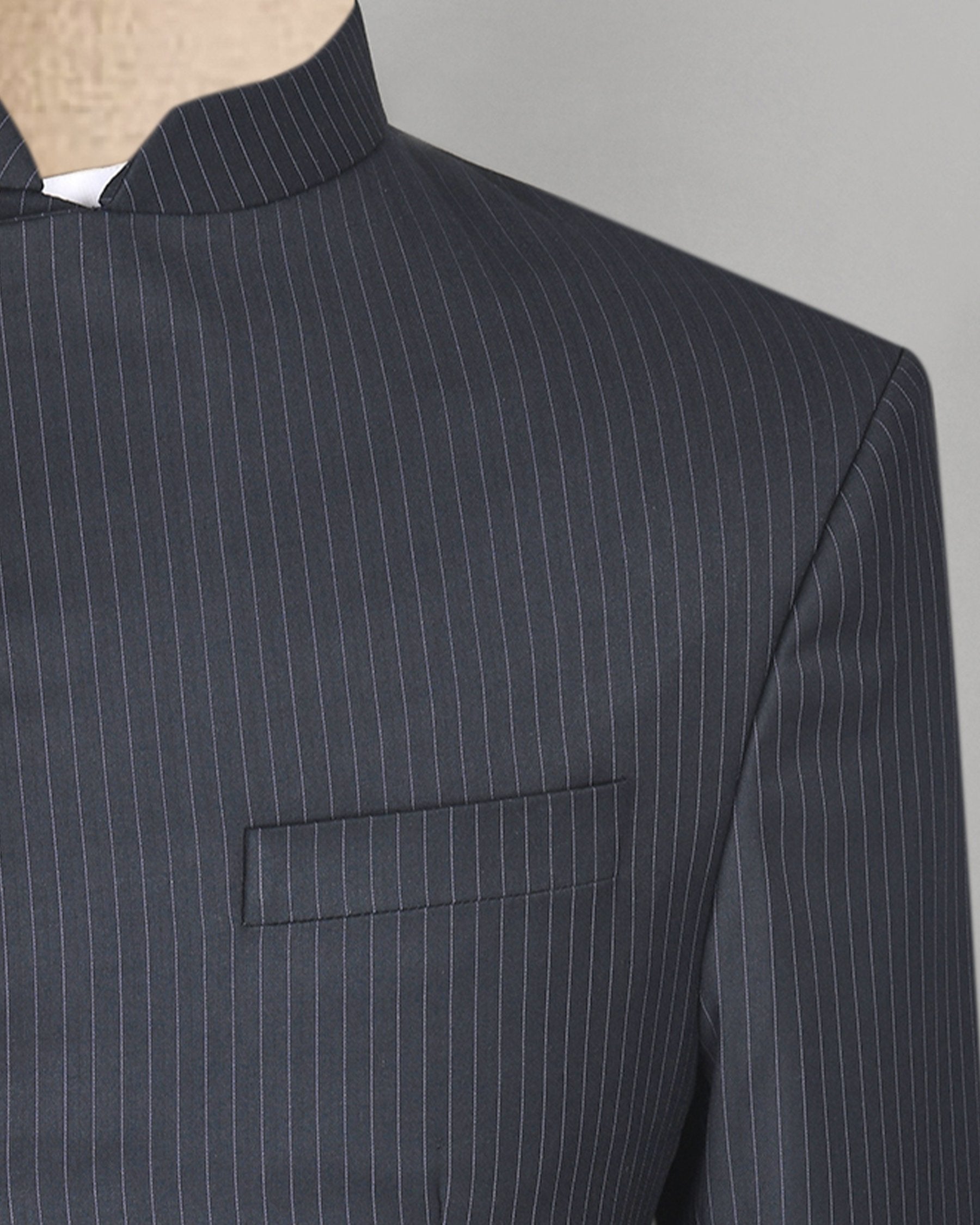 Jade Black Pinstriped Cross Placket Bandhgala/Mandarin wool blend Suit