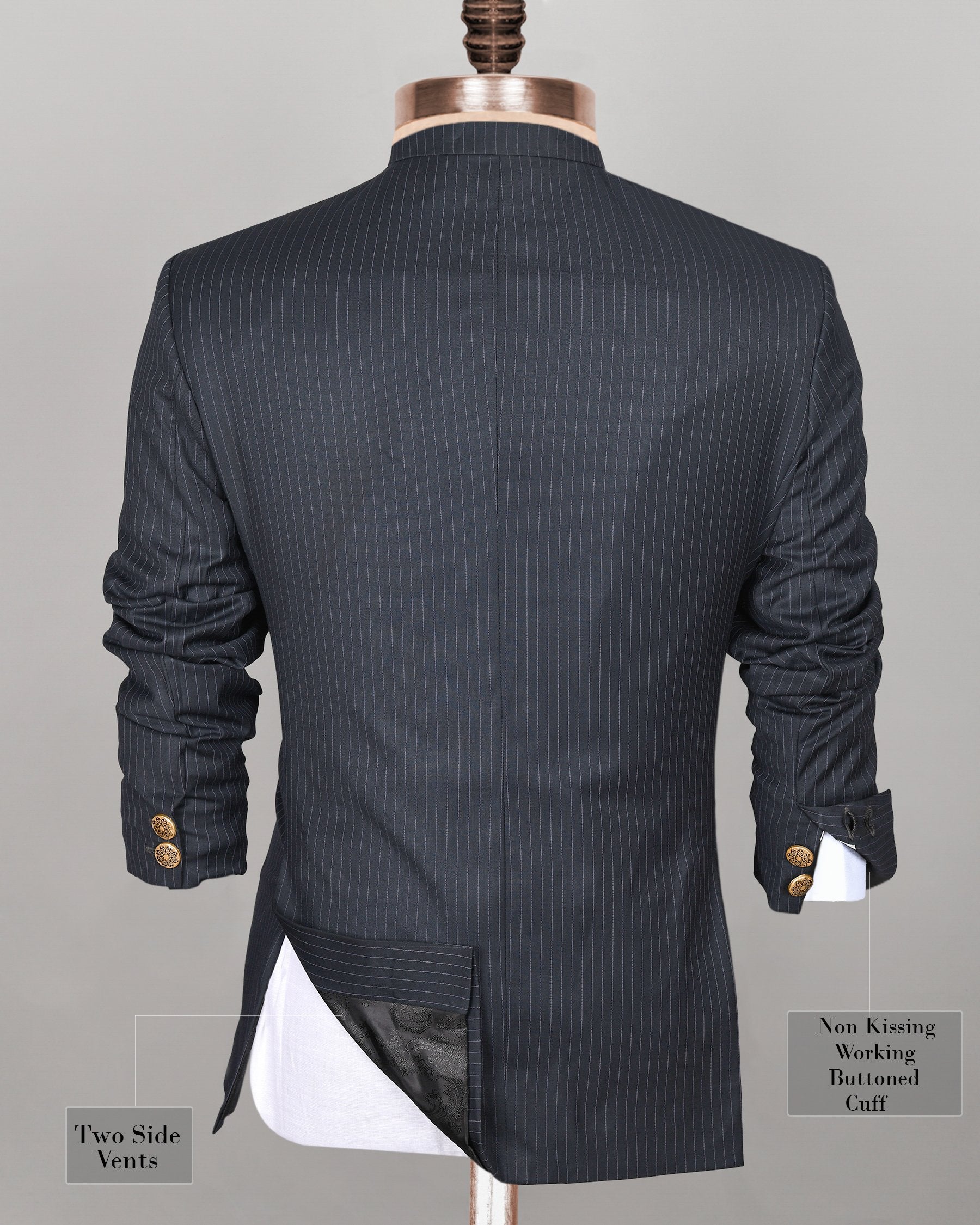 Jade Black Pinstriped Cross Placket Bandhgala/Mandarin wool blend Suit