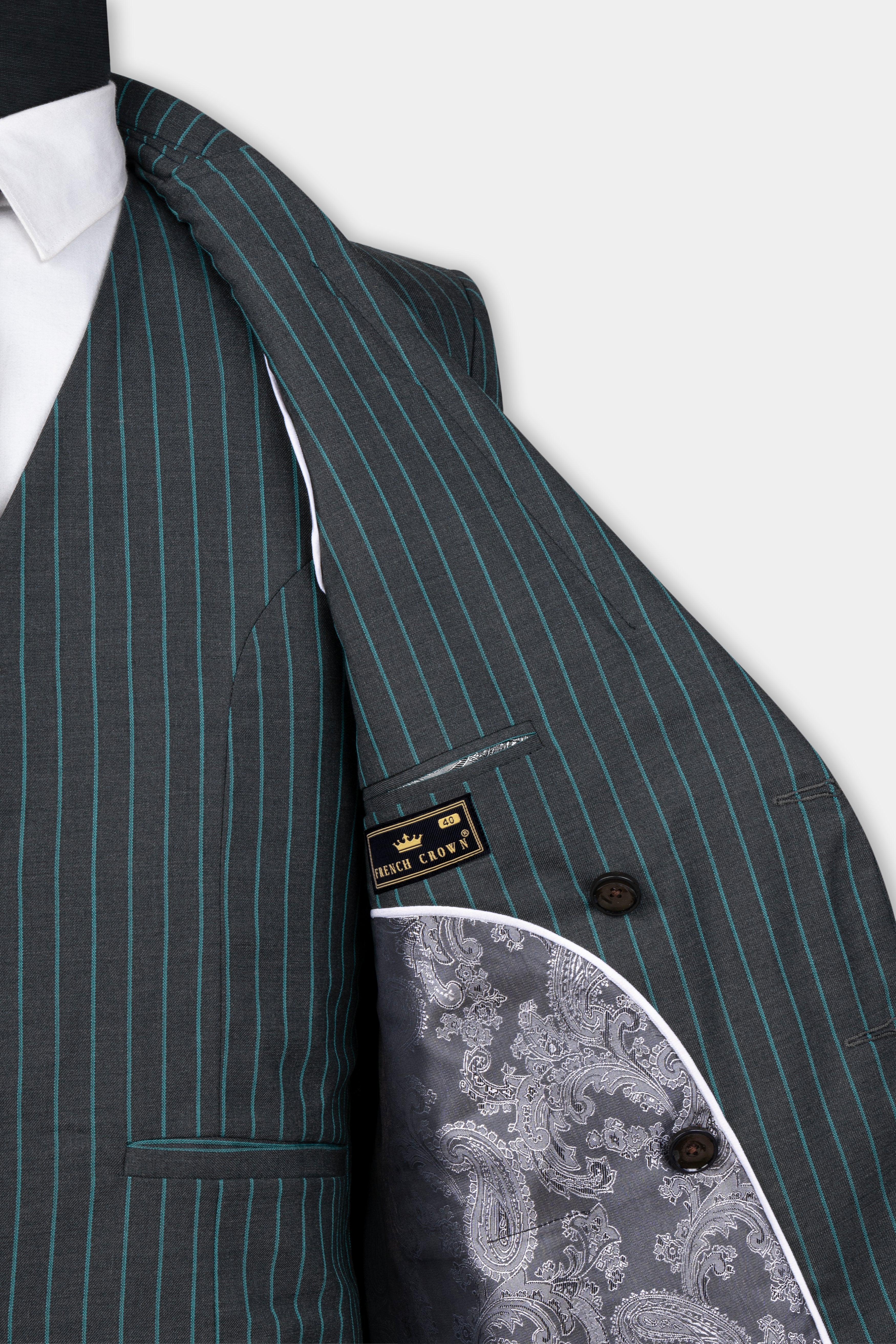 Gravel Gray and Lagoon Blue Striped Wool Rich Double Breasted Suit