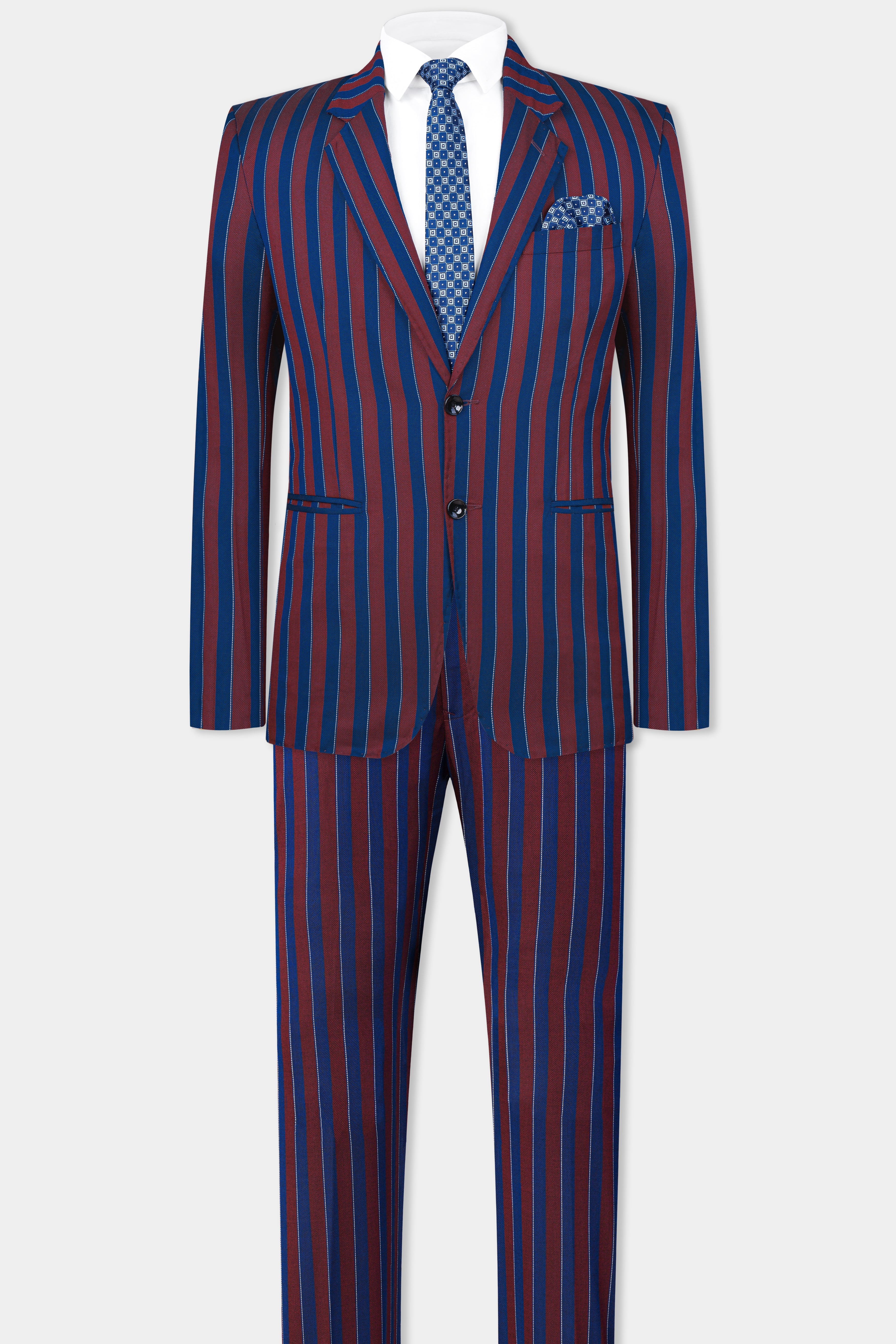 Espresso Red and Downriver Blue Striped Wool Rich Suit