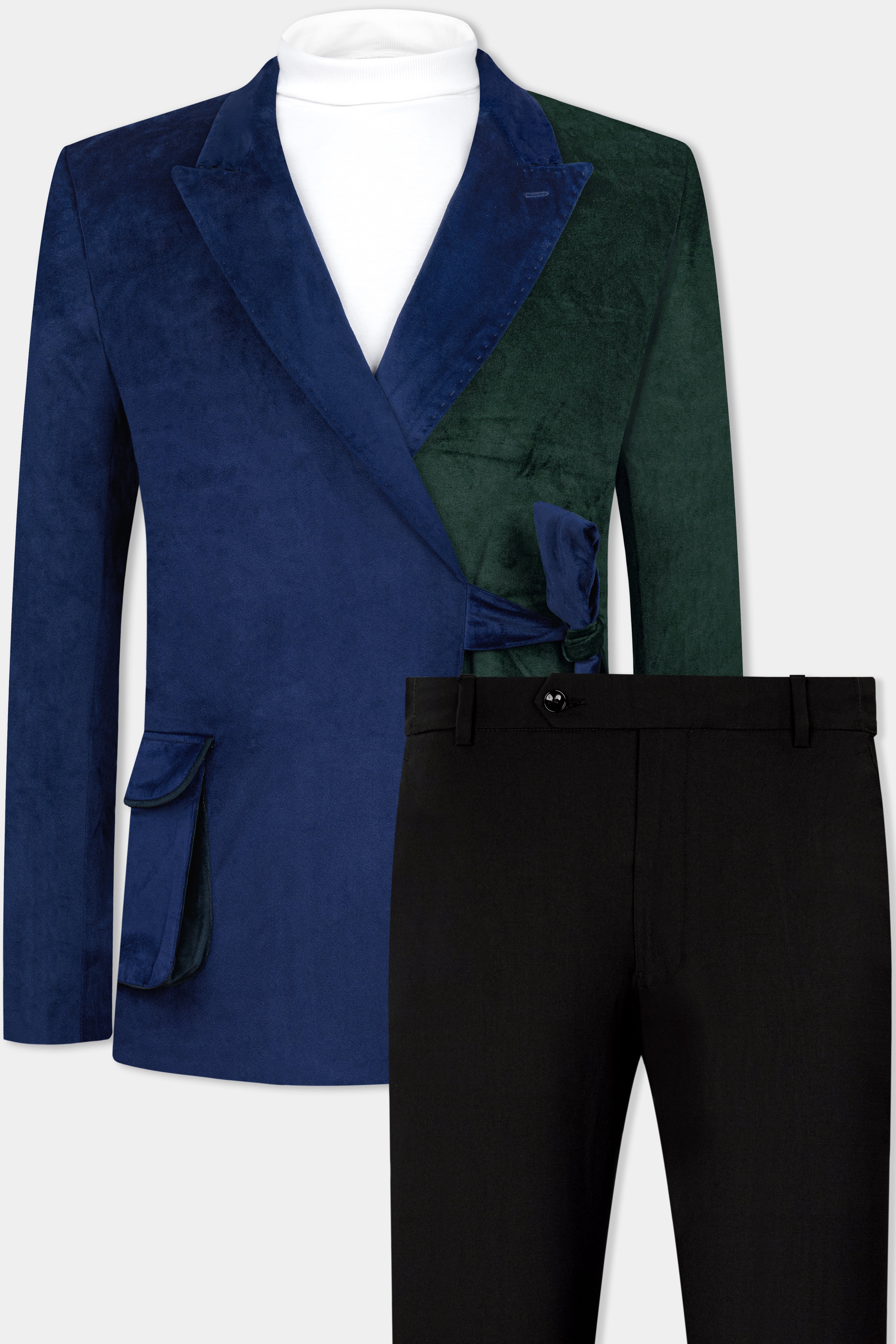 Downriver Blue and Green Velvet Designer Suit with Belt Closure