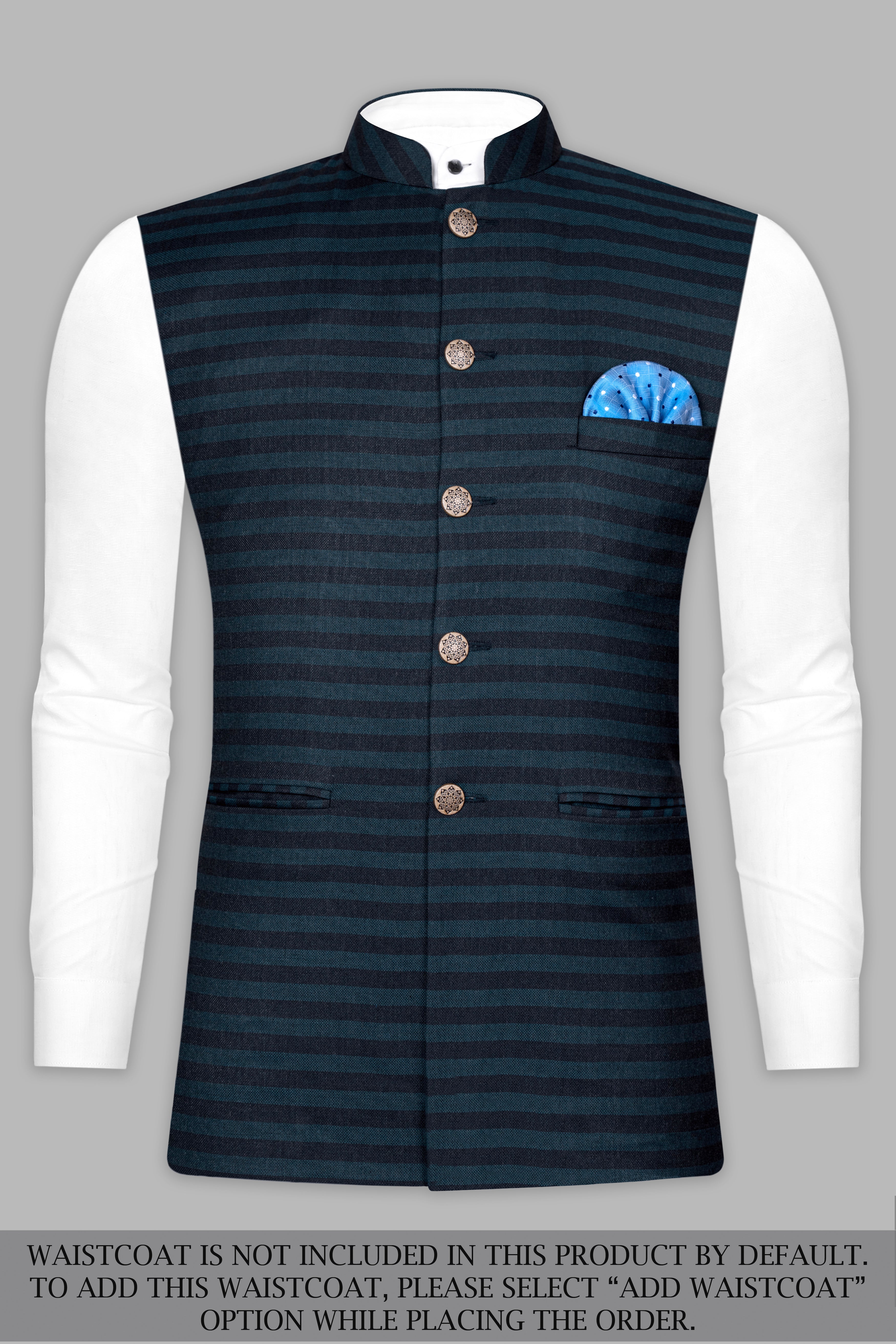 Bluish Blue And Jade Black Striped Cross Placket Bandhgala Suit