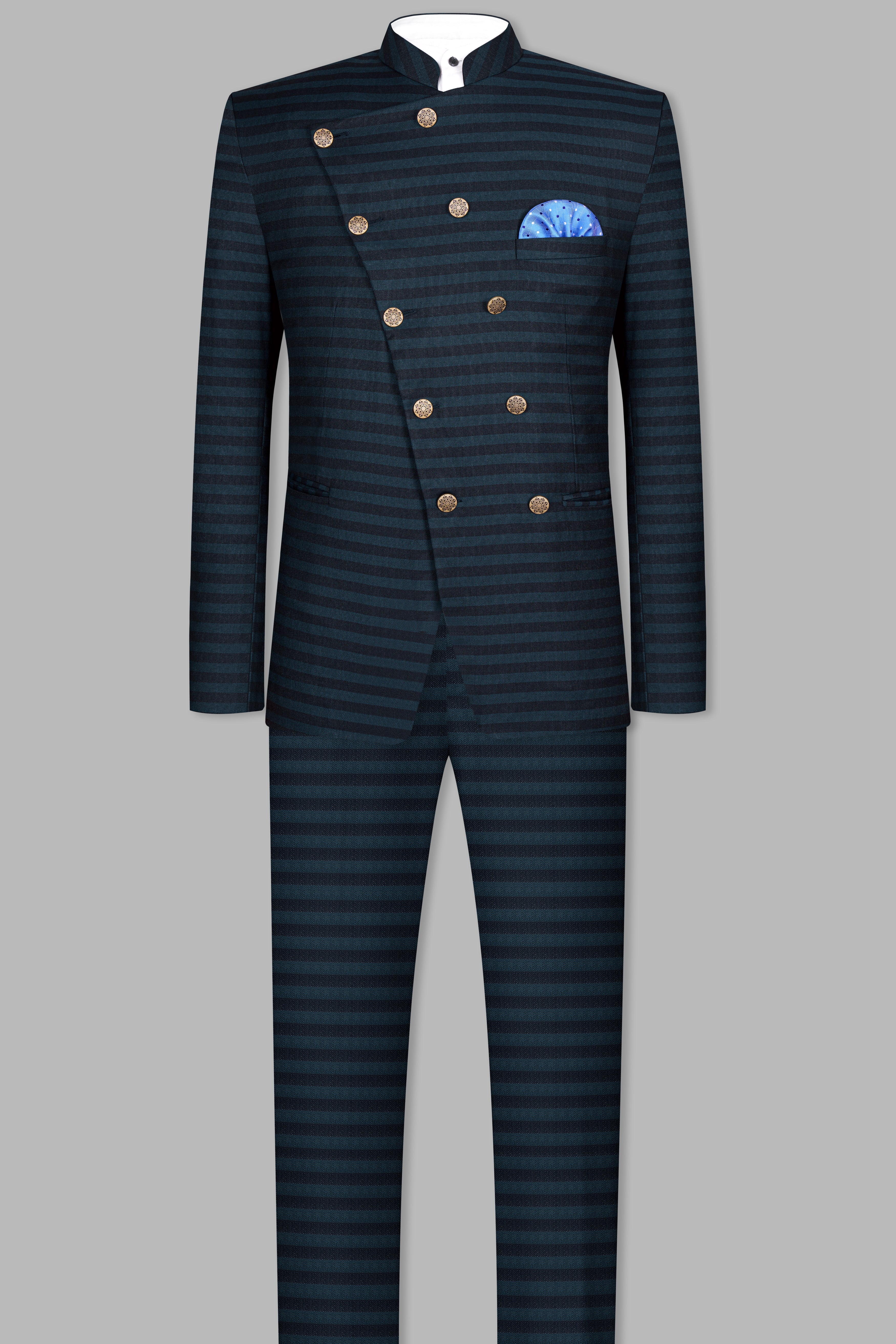 Bluish Blue And Jade Black Striped Cross Placket Bandhgala Suit