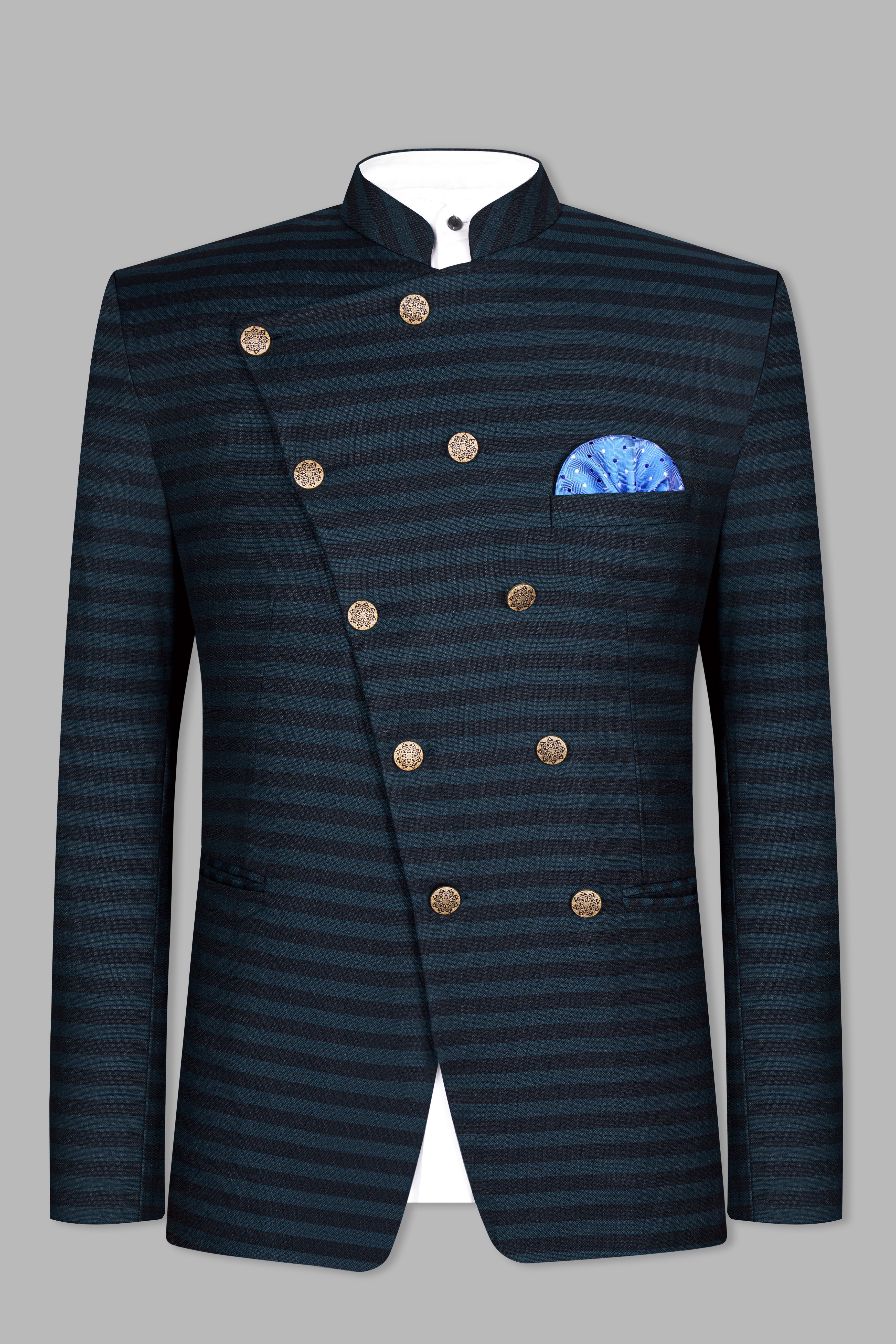 Bluish Blue And Jade Black Striped Cross Placket Bandhgala Suit