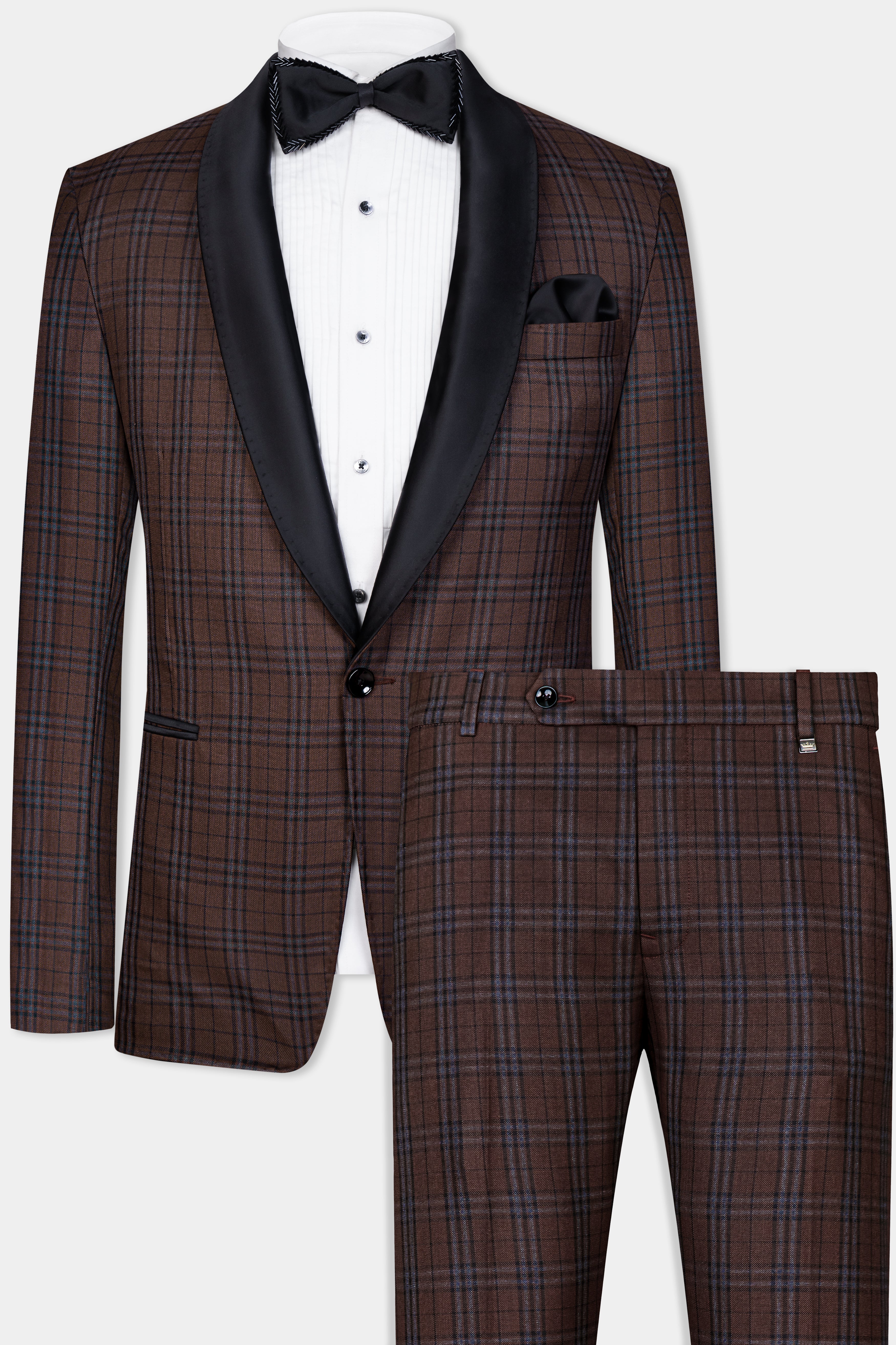 Gingerbread Brown and Haiti Blue Plaid Wool Rich Tuxedo Suit