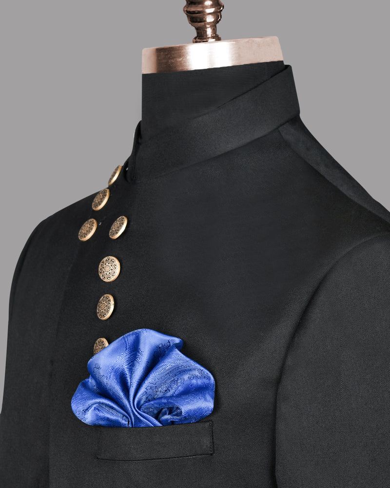 Jade Black Subtle Sheen Cross Placket Bandhgala/Mandarin wool blend Designer Suit ST366-D1-36, ST366-D1-38, ST366-D1-40, ST366-D1-42, ST366-D1-44, ST366-D1-46, ST366-D1-48, ST366-D1-50, ST366-D1-52, ST366-D1-54, ST366-D1-56, ST366-D1-58, ST366-D1-60