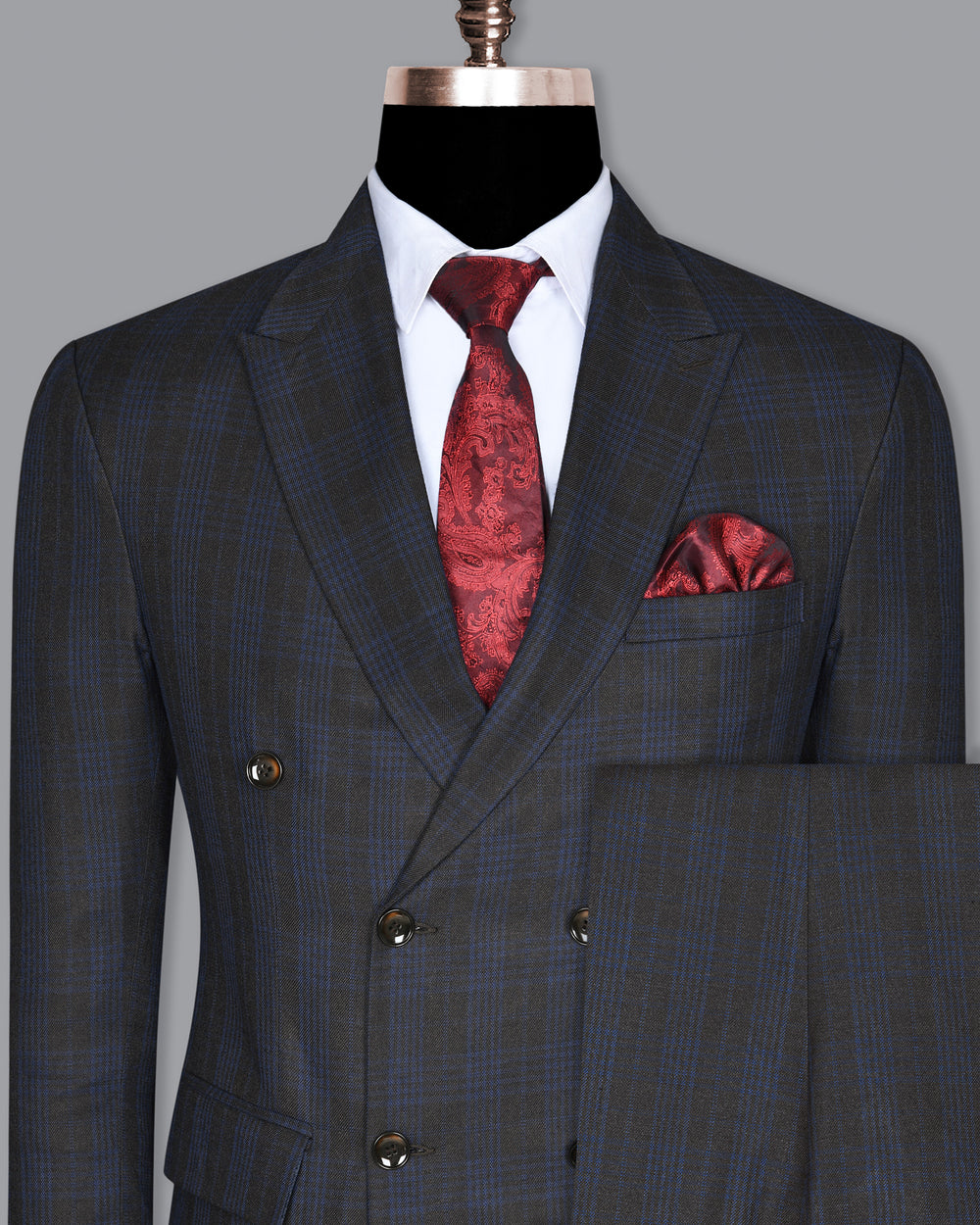 Charcoal Plaid Wool Blend Double Breasted Suit