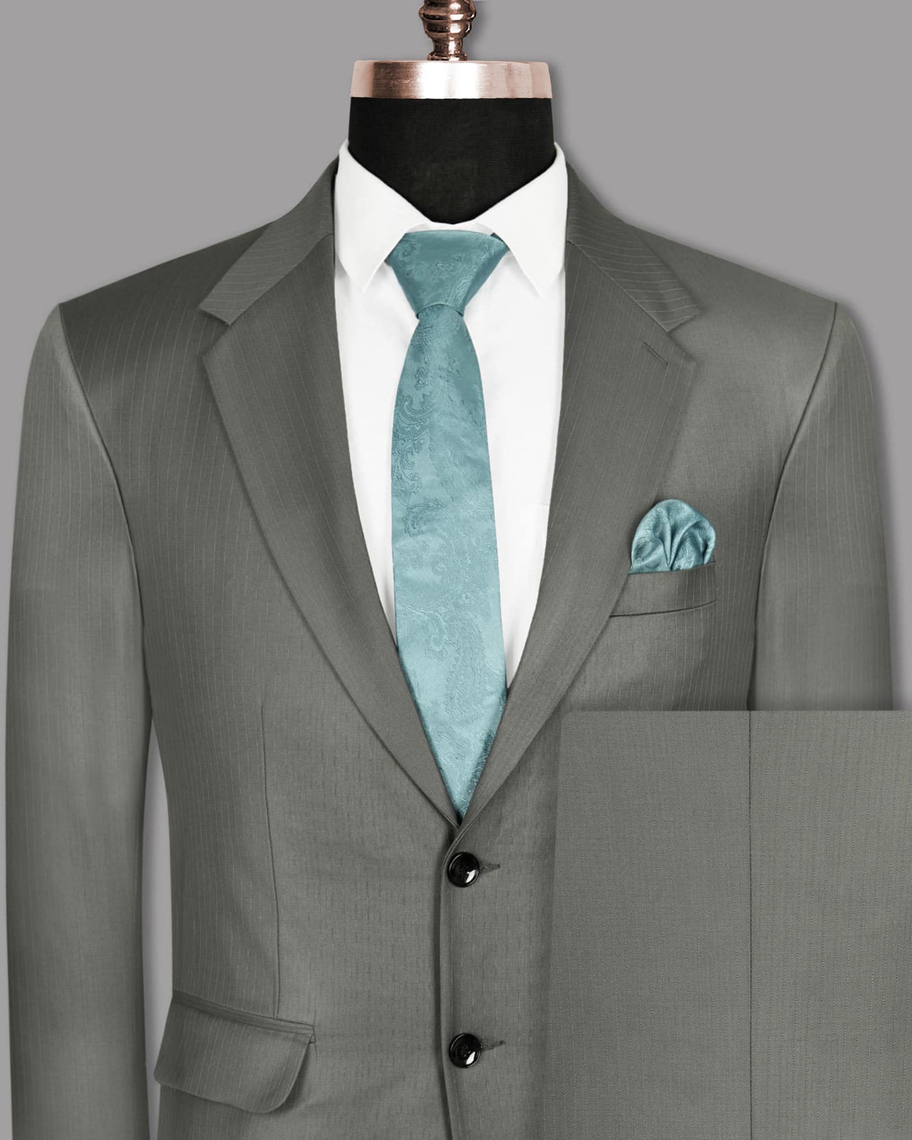 Greenish Grey Striped Wool Rich Suit