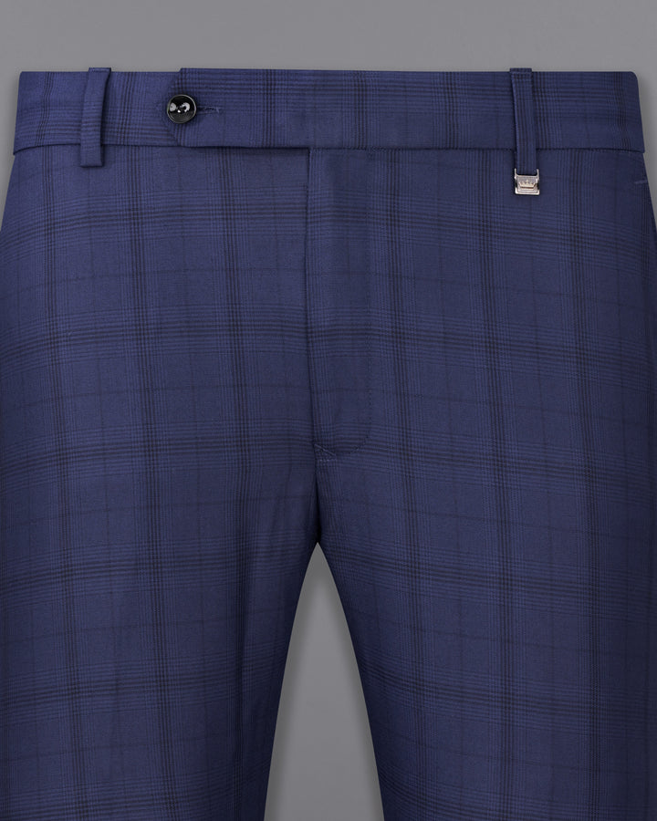 Nile Blue ChecksPlaid Regular Fit Wool Blend Pants For Men