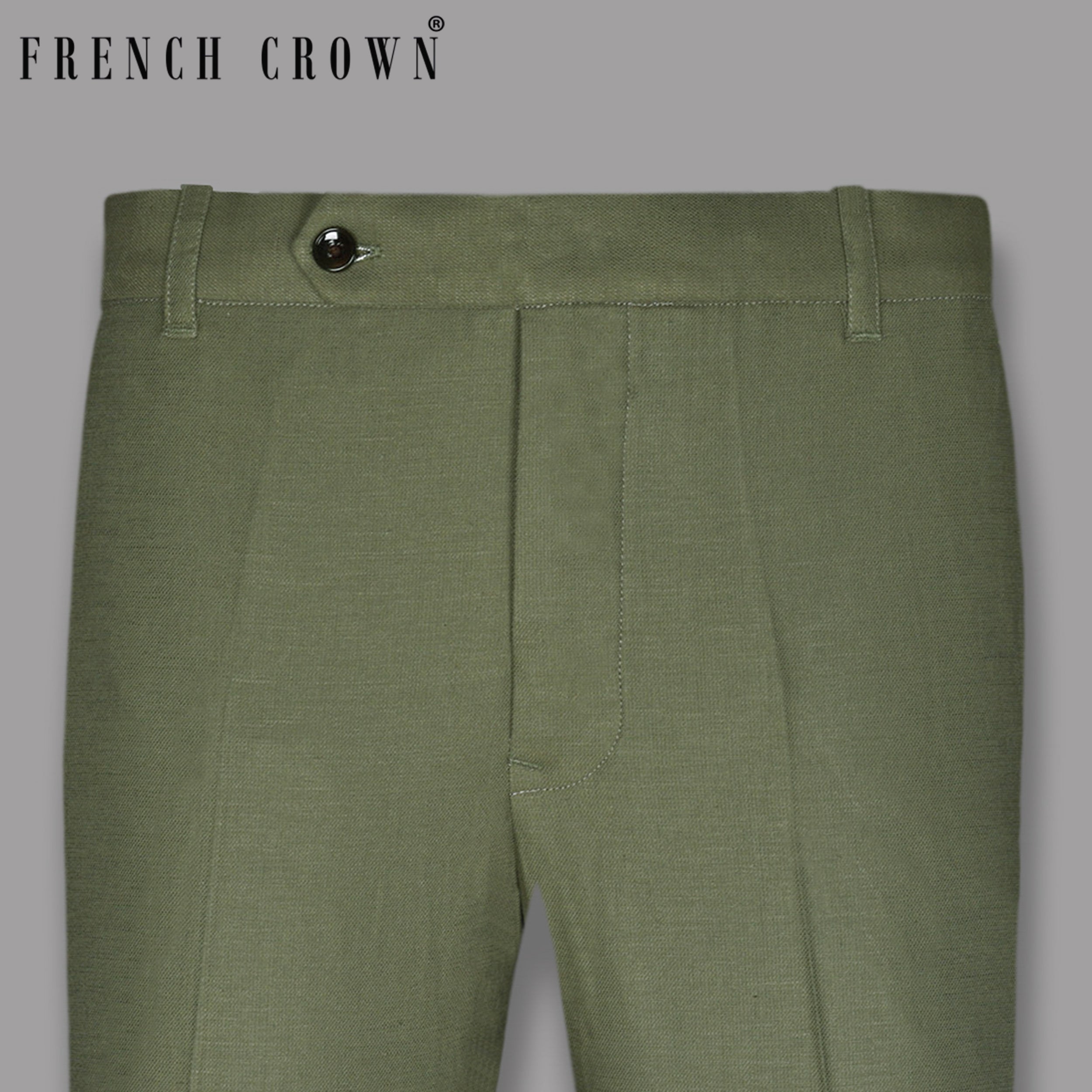 Olive Plain Solid Regular Fit Linen Pants For Men