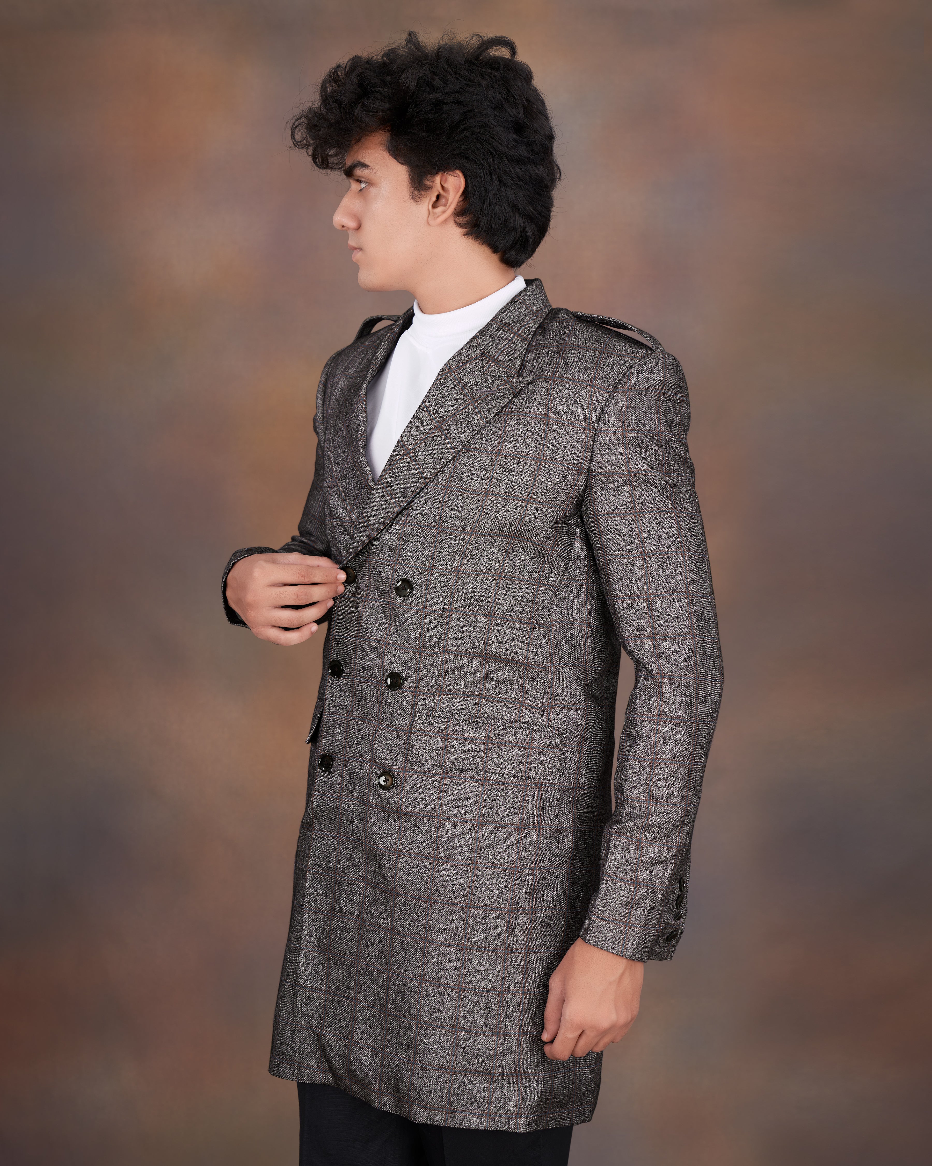 Fuscous Gray Windowpane Double Breasted Designer Trench Coat TCB2320-D202-36, TCB2320-D202-38, TCB2320-D202-40, TCB2320-D202-42, TCB2320-D202-44, TCB2320-D202-46, TCB2320-D202-48, TCB2320-D202-50, TCB2320-D202-52, TCB2320-D202-54, TCB2320-D202-56, TCB2320-D202-58, TCB2320-D202-60