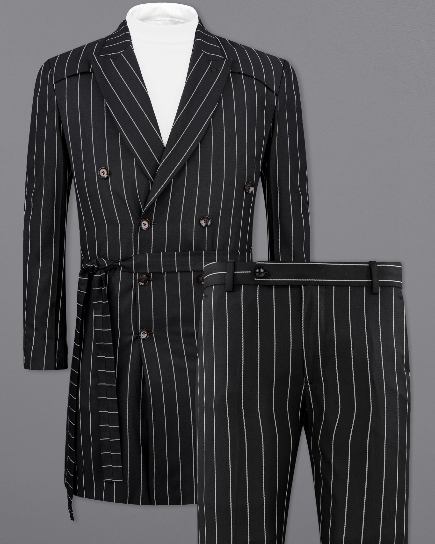 Jaguar Black with Concrete Gray Striped Double Breasted Trench Coat Belt Closure with Pant TCPT2157-DB-D35-36, TCPT2157-DB-D35-38, TCPT2157-DB-D35-40, TCPT2157-DB-D35-42, TCPT2157-DB-D35-44, TCPT2157-DB-D35-46, TCPT2157-DB-D35-48, TCPT2157-DB-D35-50, TCPT2157-DB-D35-52, TCPT2157-DB-D35-54, TCPT2157-DB-D35-56, TCPT2157-DB-D35-58, TCPT2157-DB-D35-60