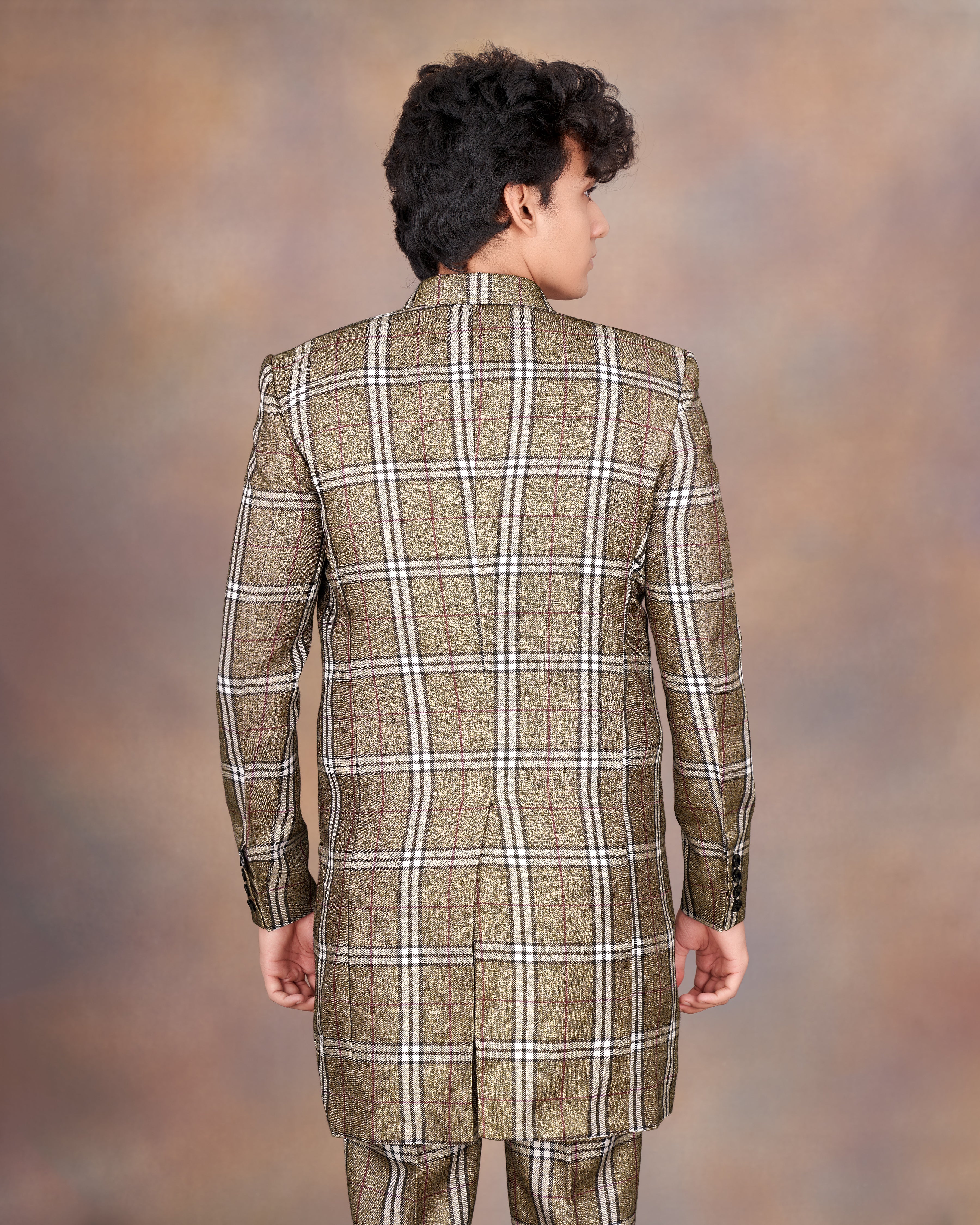 Flax Smoke Brown Plaid Designer Trench Coat with Pant TCPT2319-D200-36, TCPT2319-D200-38, TCPT2319-D200-40, TCPT2319-D200-42, TCPT2319-D200-44, TCPT2319-D200-46, TCPT2319-D200-48, TCPT2319-D200-50, TCPT2319-D200-52, TCPT2319-D200-54, TCPT2319-D200-56, TCPT2319-D200-58, TCPT2319-D200-60