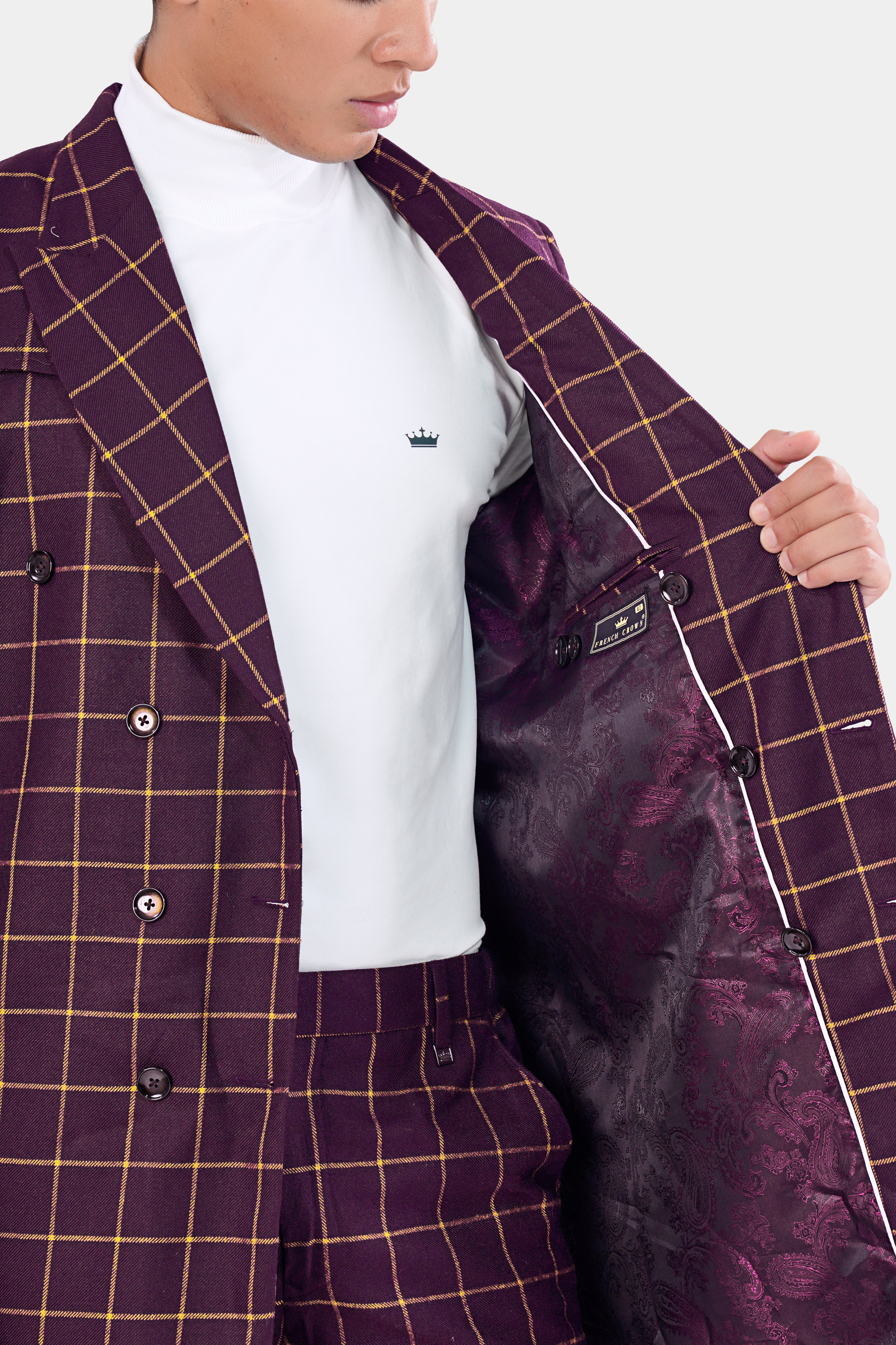 Eggplant Wine Windowpane Double Breasted Wool Rich Designer Trench Coat With Pant