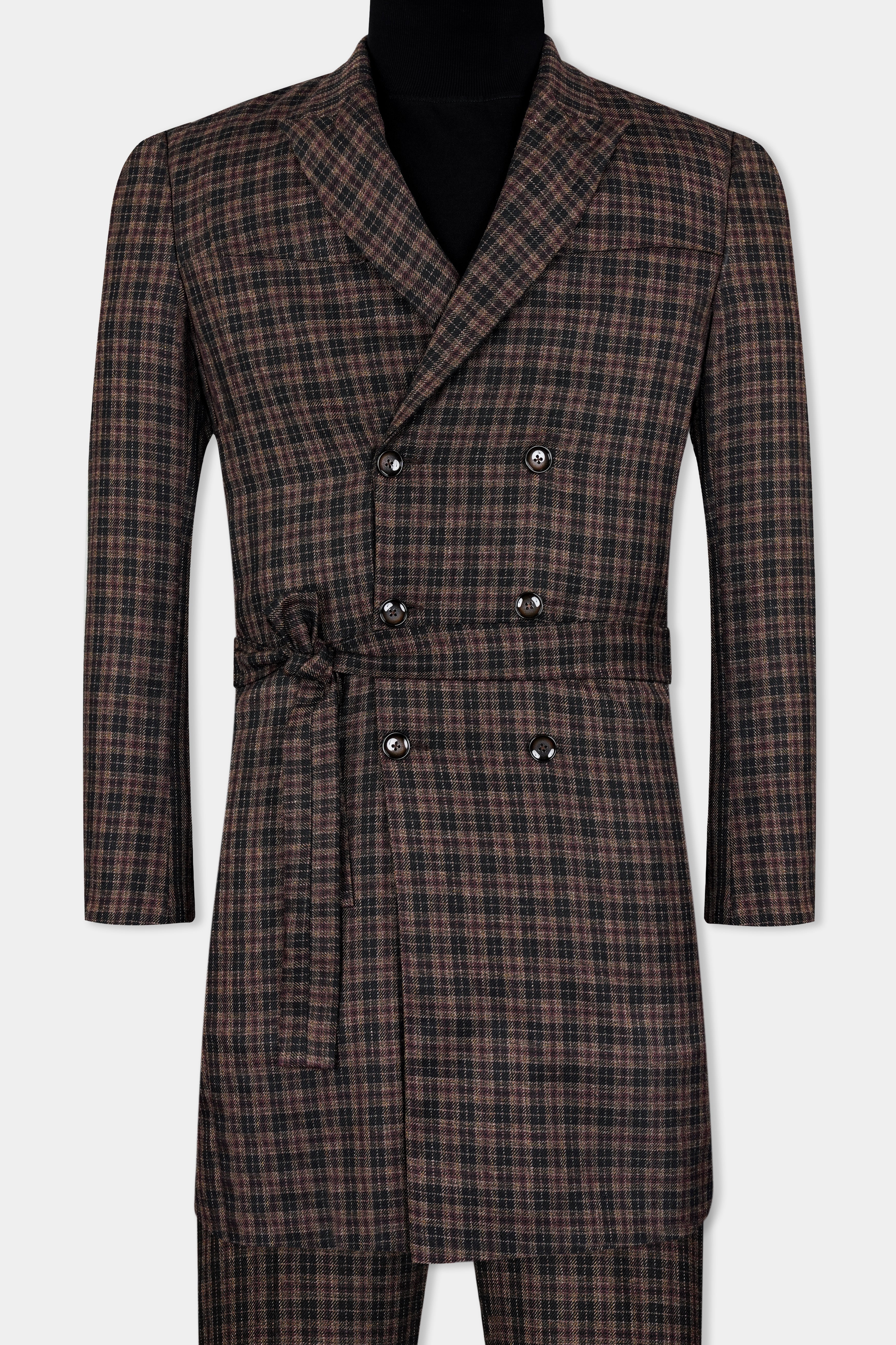 Ferra Brown and Black Plaid Tweed Double Breasted Designer Trench Coat With Pant
