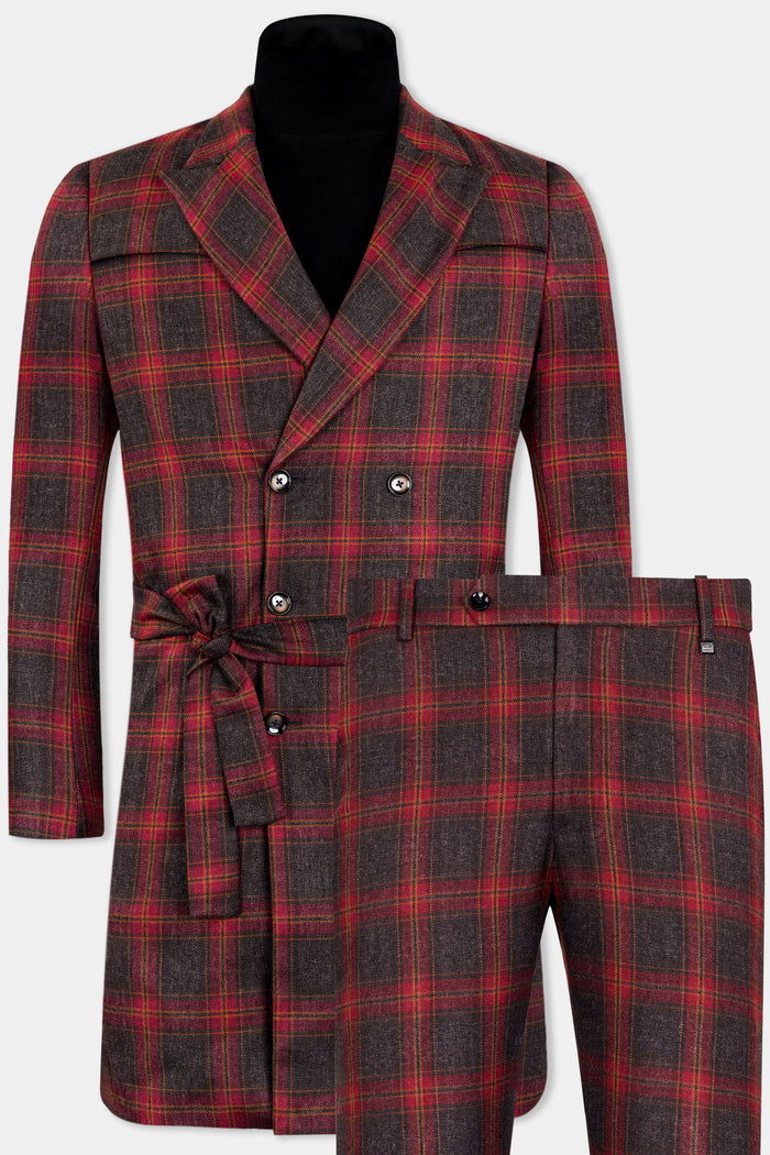 CLARET RED AND WALNUT BROWN TWEED PLAID DOUBLE BREASTED DESIGNER TRENCH COAT WITH PANT