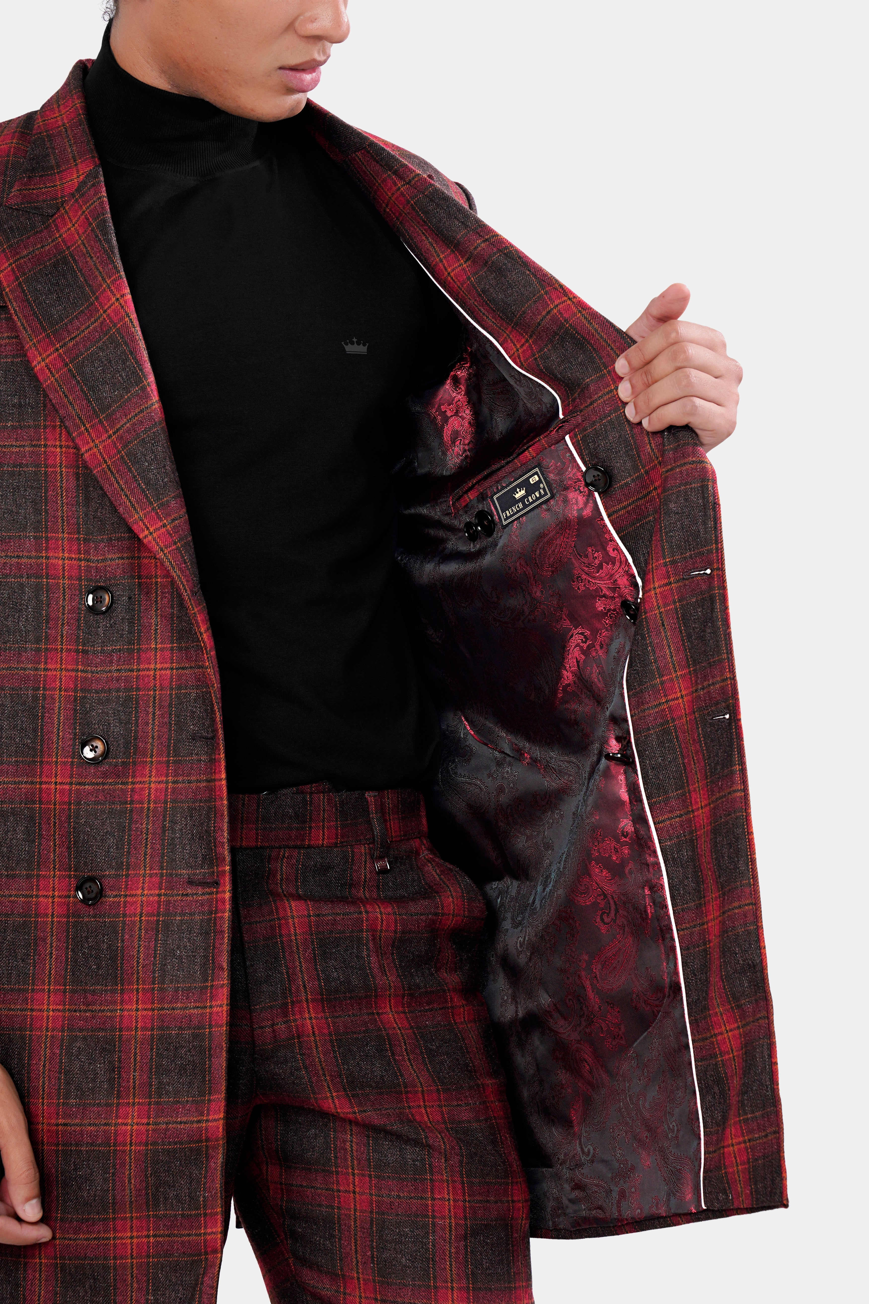 Claret Red and Walnut Brown Tweed Plaid Double Breasted Designer Trench Coat With Pant