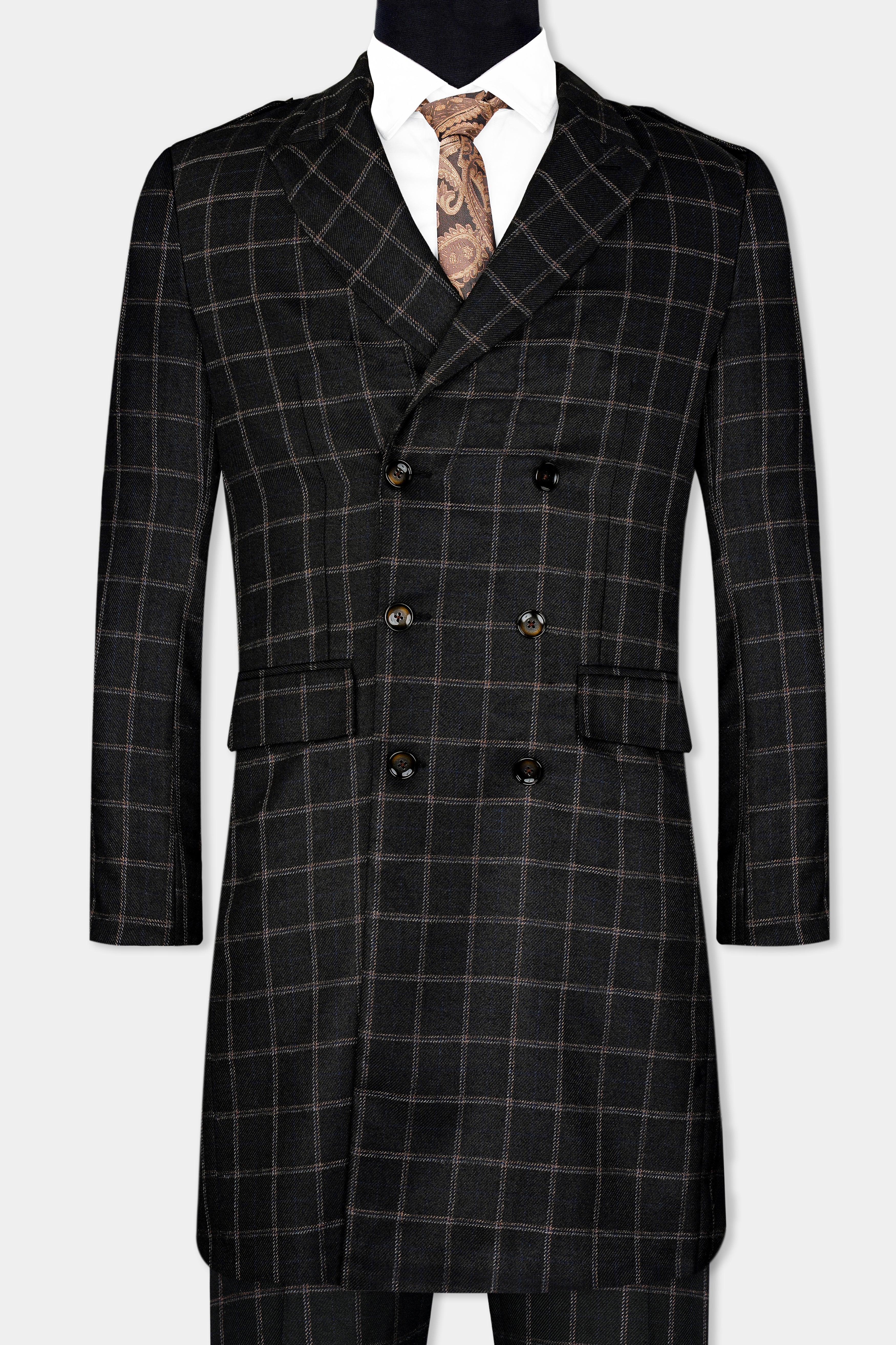 Jade Black and Saddle Brown Windowpane Tweed Trench Coat With Pant TCPT2920-DB-D202-36, TCPT2920-DB-D202-38, TCPT2920-DB-D202-40, TCPT2920-DB-D202-42, TCPT2920-DB-D202-44, TCPT2920-DB-D202-46, TCPT2920-DB-D202-48, TCPT2920-DB-D202-50, TCPT2920-DB-D202-52, TCPT2920-DB-D202-54, TCPT2920-DB-D202-56, TCPT2920-DB-D202-58, TCPT2920-DB-D202-60