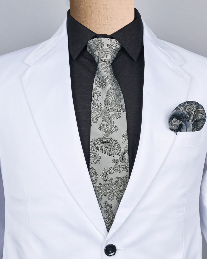 Silver Grey Paisley Jacquard Tie with Free Pocket square