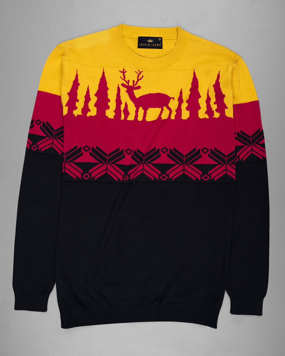GOLD TIPS WITH CARMINE RED AND BLACK JACQUARD DEER TEXTURED SUPER SOFT PREMIUM JERSEY SWEATSHIRT