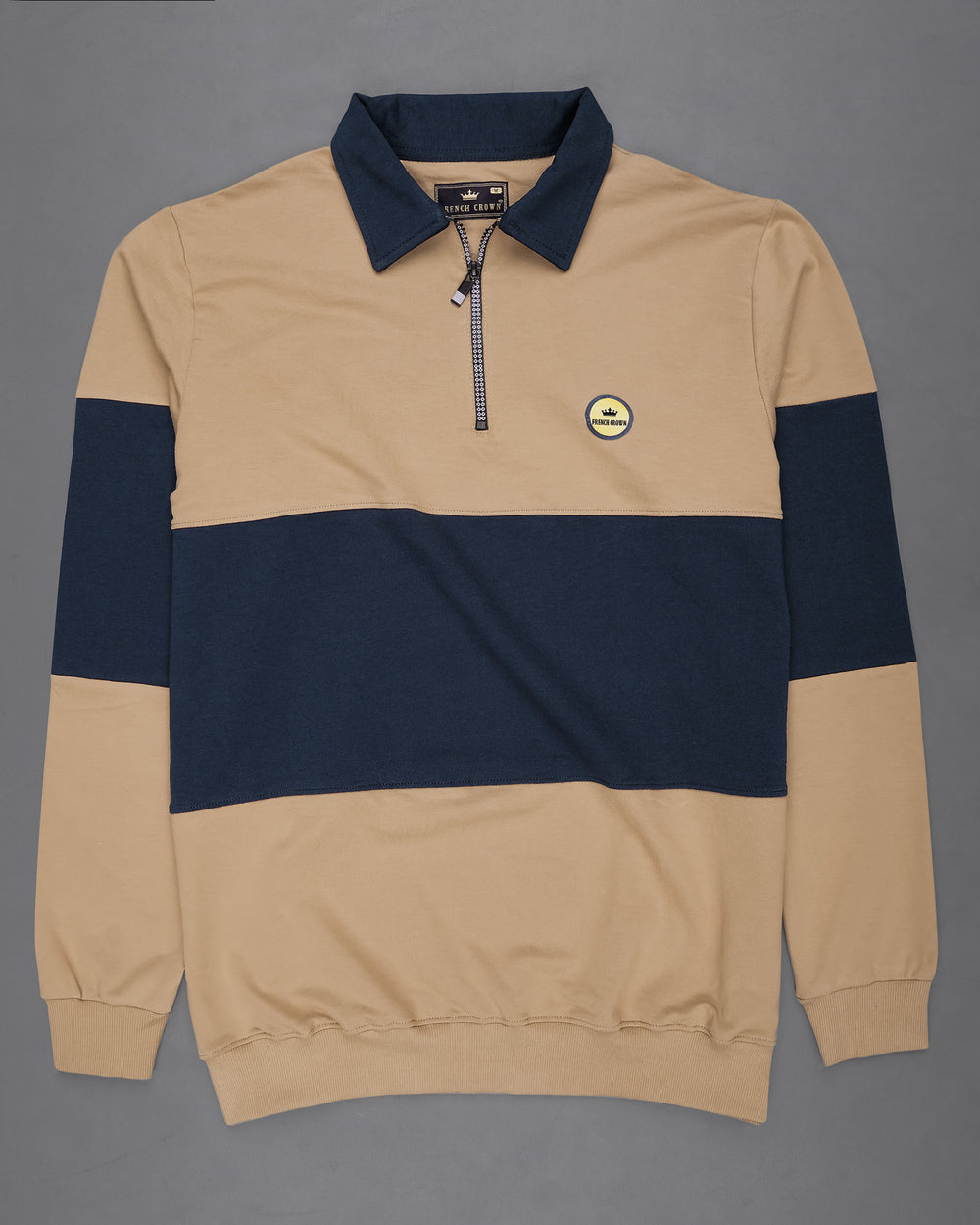 CAMEO LIGHT BROWN AND EBONY BLUE POLO ZIPPER SWEATSHIRT