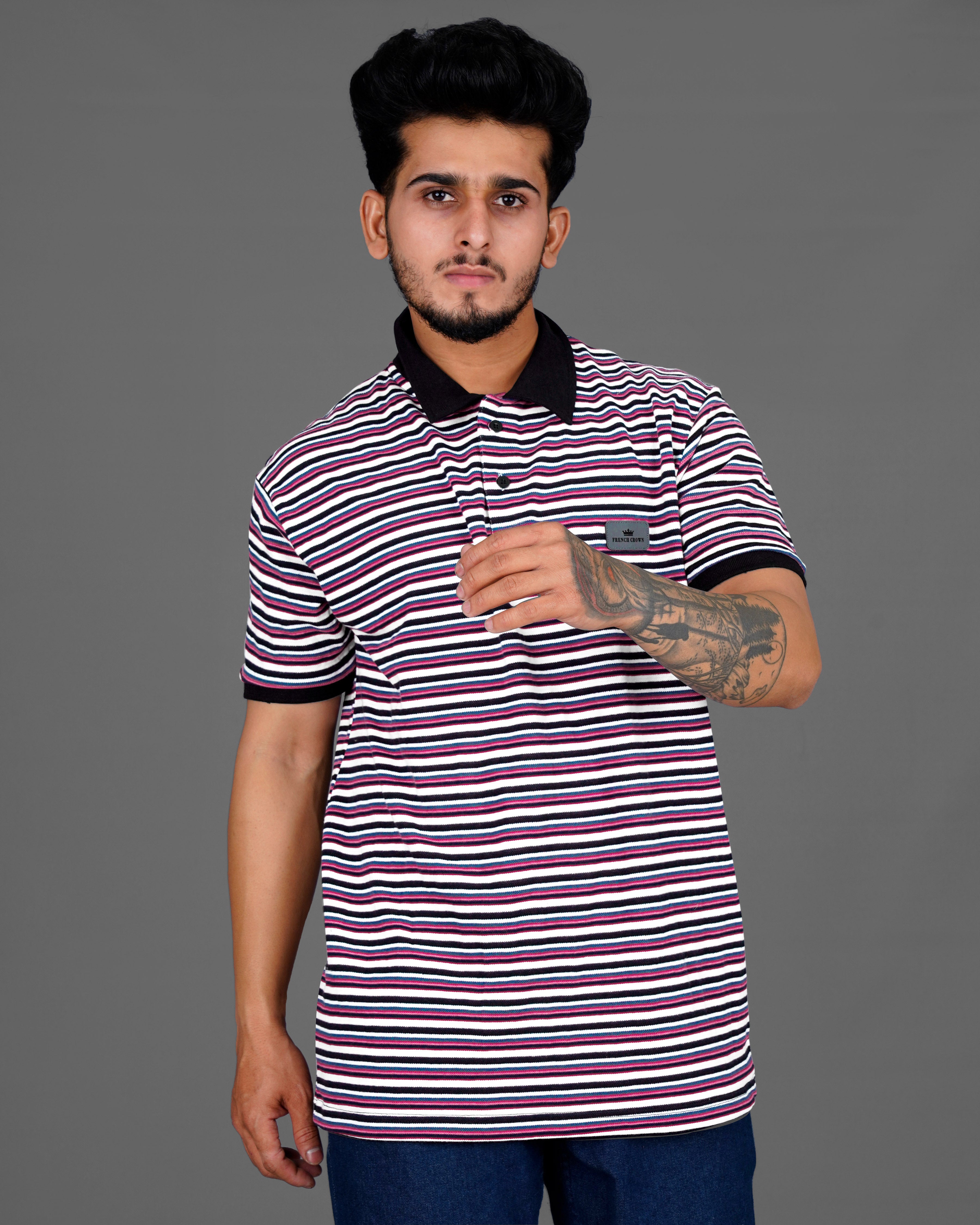 Bright White with Black and Hibiscus Pink Striped Super Soft Organic Pique Polo TS604-S, TS604-M, TS604-L, TS604-XL, TS604-XXL, TS604-3XL, TS604-4XL