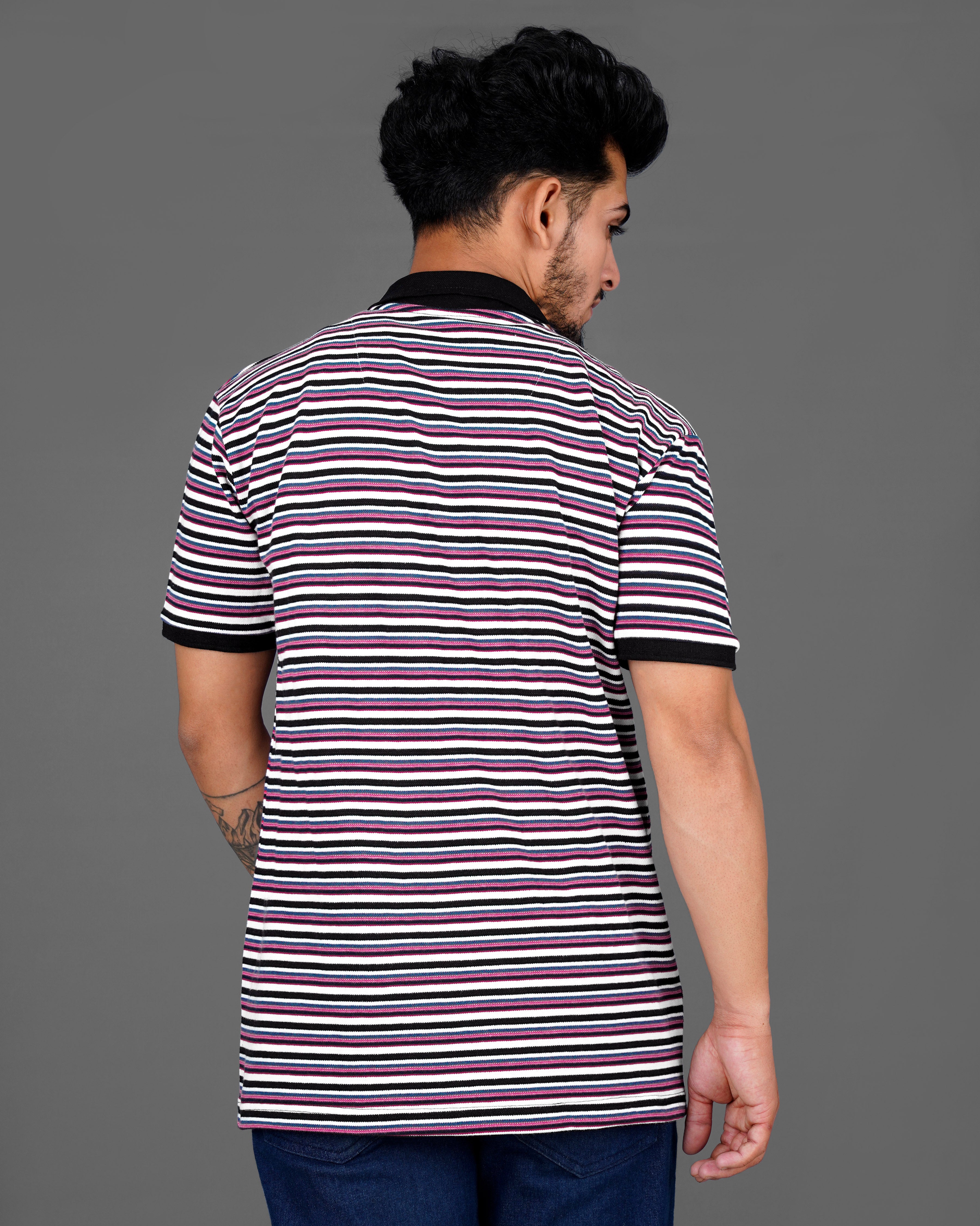 Bright White with Black and Hibiscus Pink Striped Super Soft Organic Pique Polo TS604-S, TS604-M, TS604-L, TS604-XL, TS604-XXL, TS604-3XL, TS604-4XL