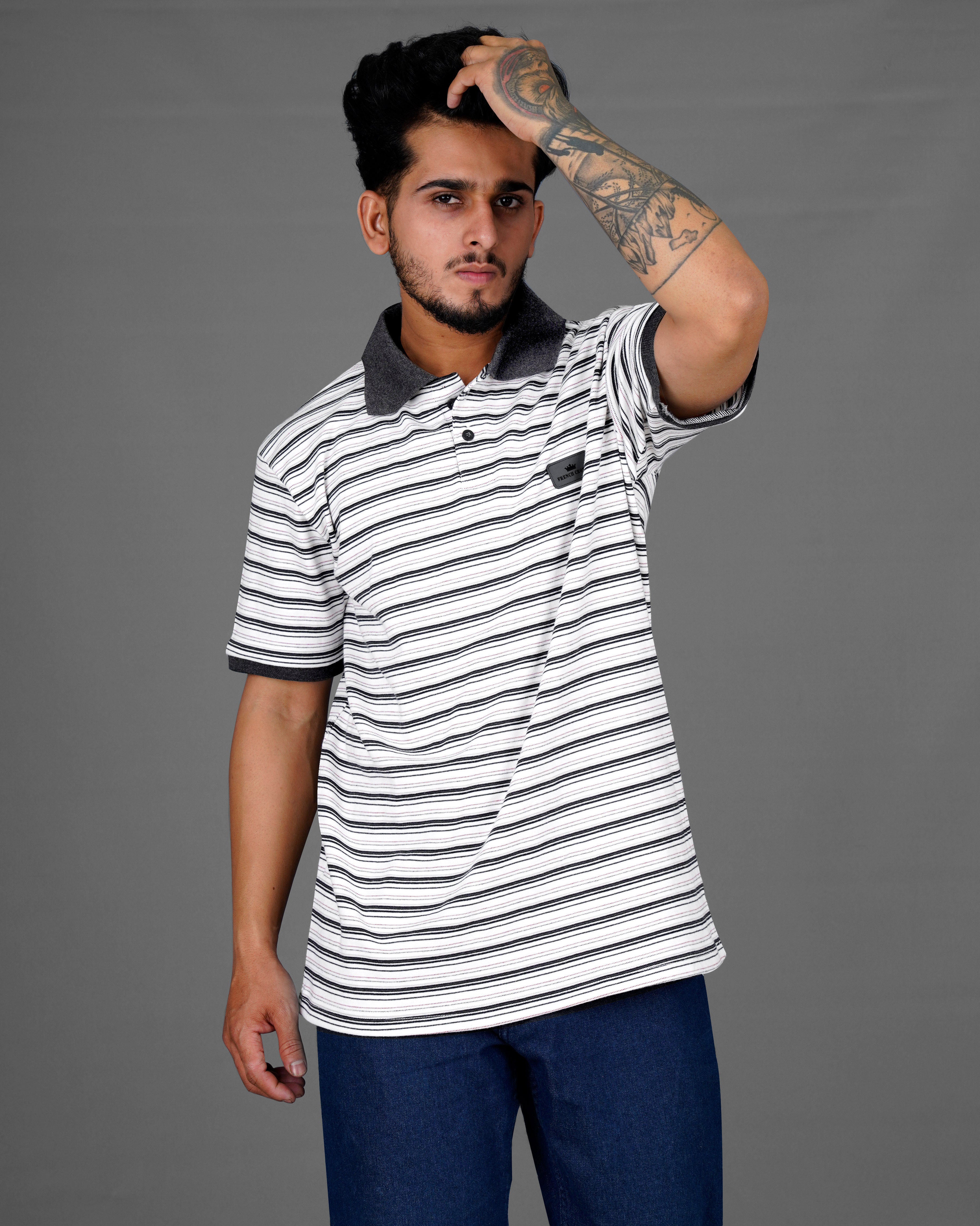 Bright White with Jade Black Multicolour Striped Super Soft Organic Mercerised Pique Polo