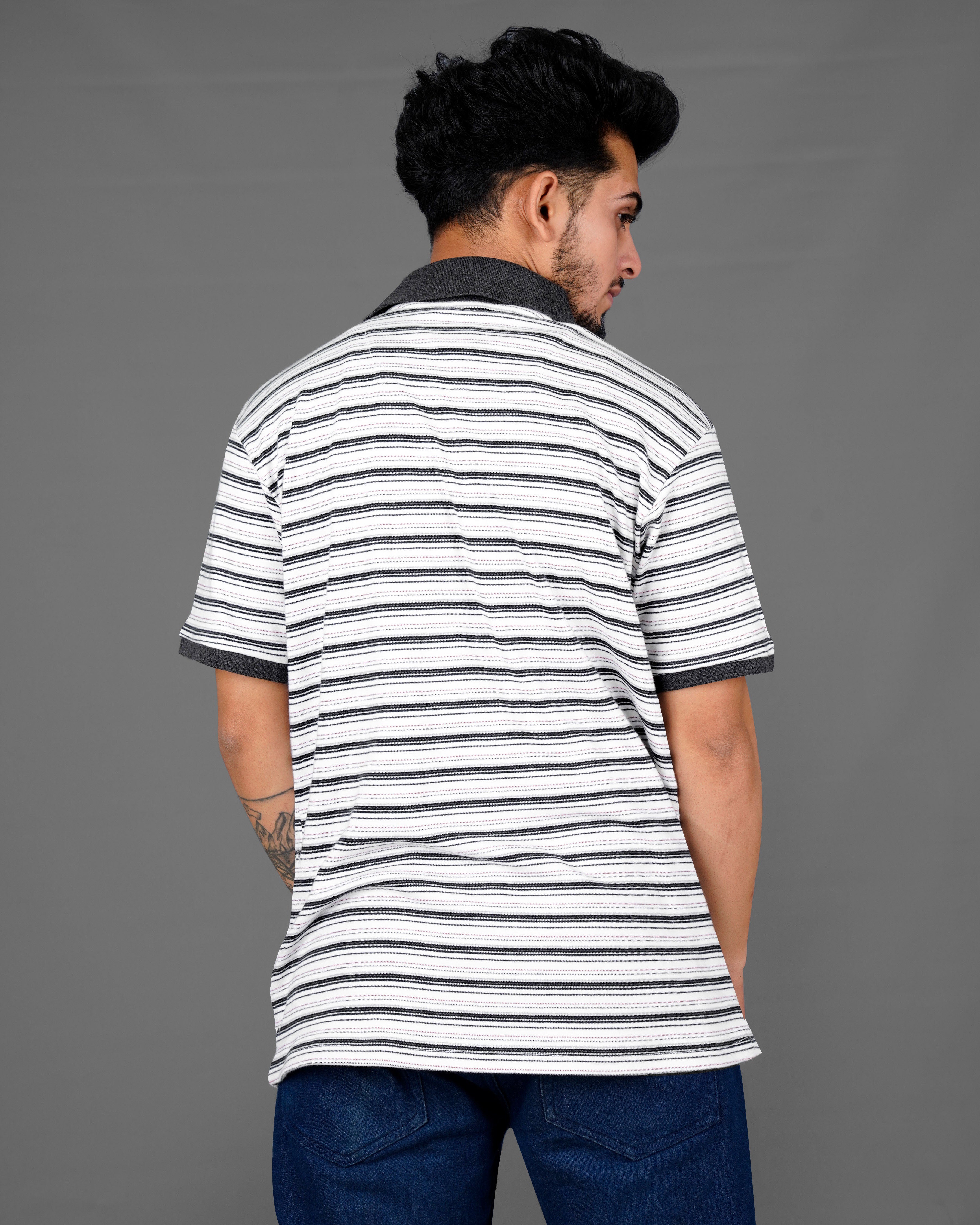 Bright White with Jade Black Multicolour Striped Super Soft Organic Mercerised Pique Polo