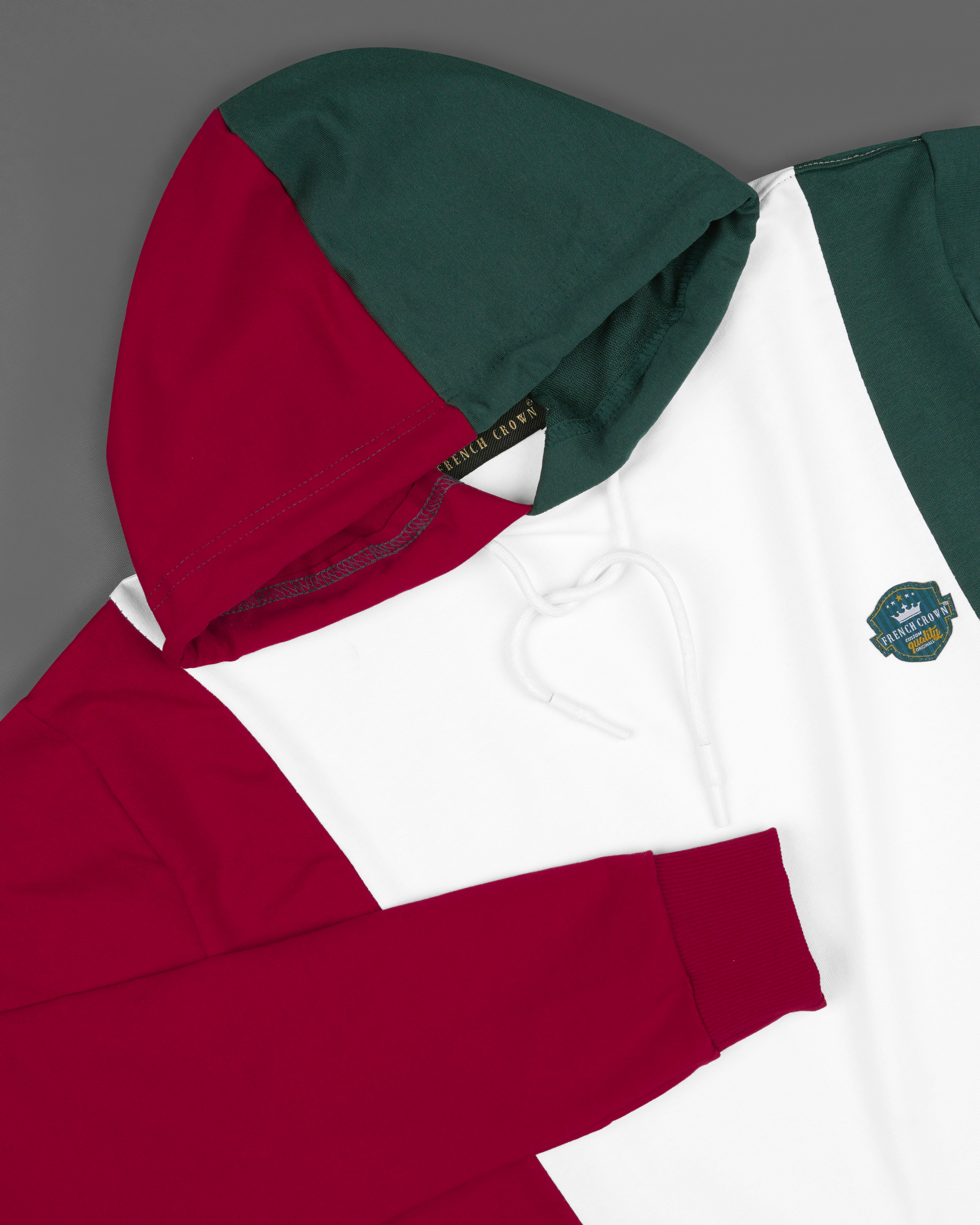 Bright White with Claret Red and Everglade Green Block Pattern Super Soft Premium Cotton Hoodie Sweatshirt TS609-S, TS609-M, TS609-L, TS609-XL, TS609-XXL, TS609-3XL, TS609-4XL