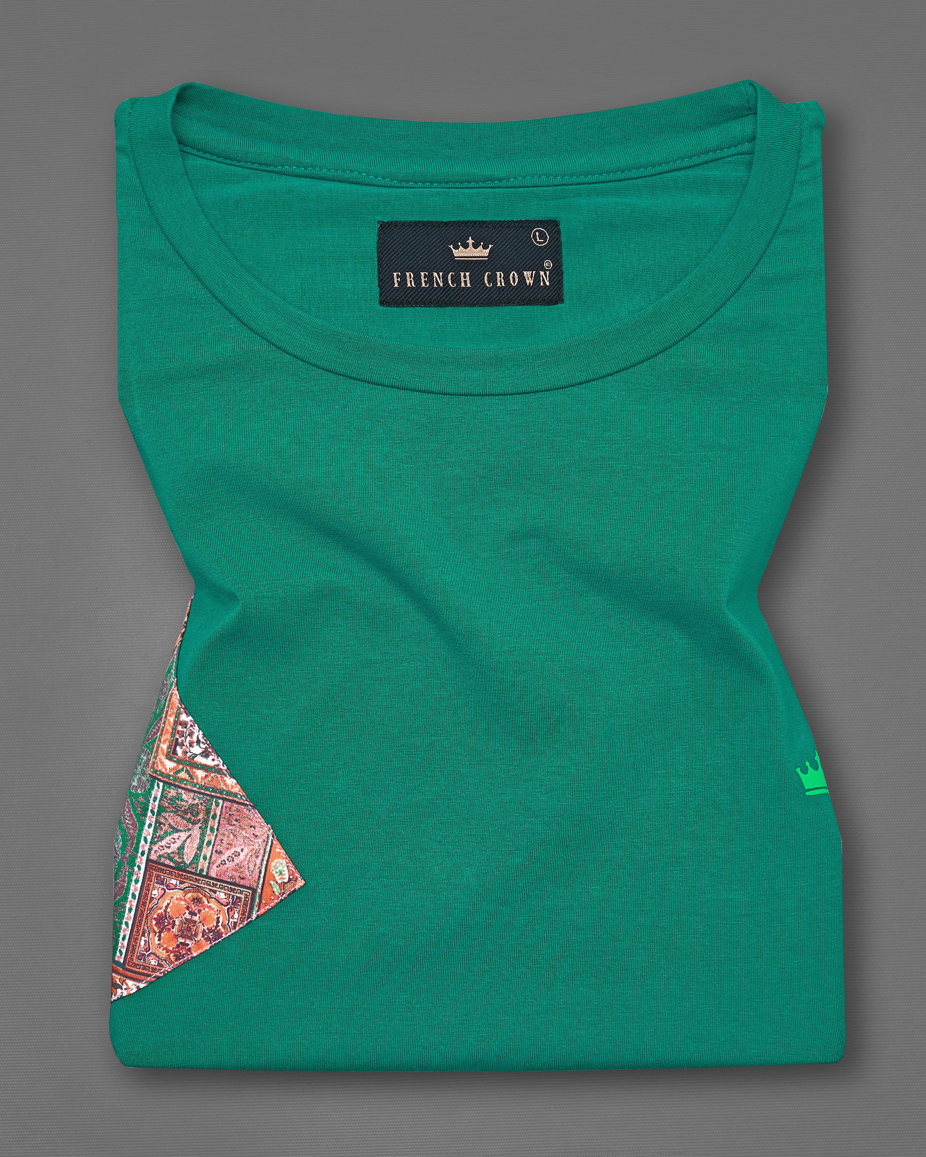 Tropical Green with Patch Work Premium Organic Cotton Designer T-shirt TS005-W01-S, TS005-W01-M, TS005-W01-L, TS005-W01-XL, TS005-W01-XXL