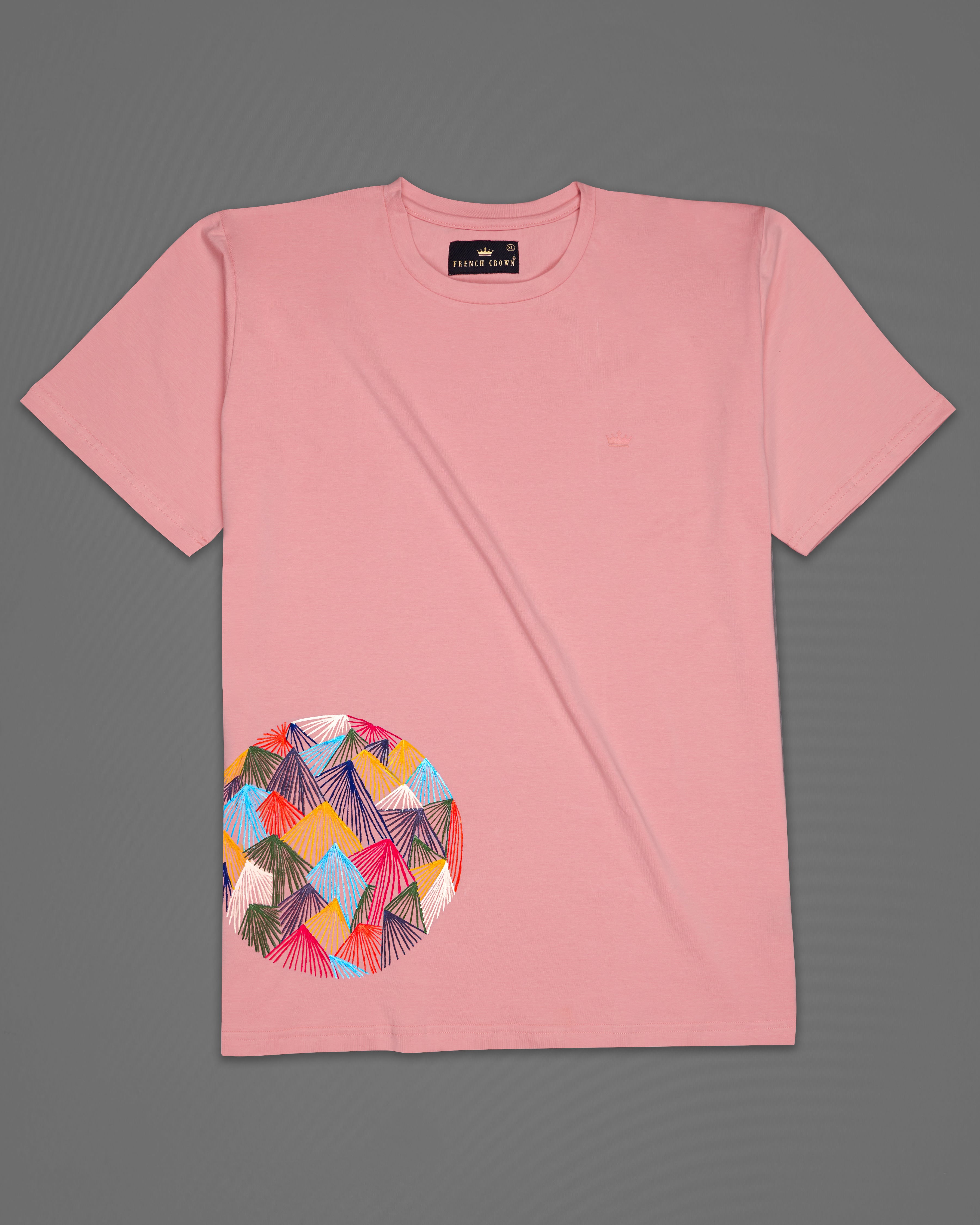 Light Thulian Pink with Multicolour Mountain Like Hand Painted Organic Cotton T-shirt T-shirt TS007-W03-S, TS007-W03-M, TS007-W03-L, TS007-W03-XL, TS007-W03-XXL